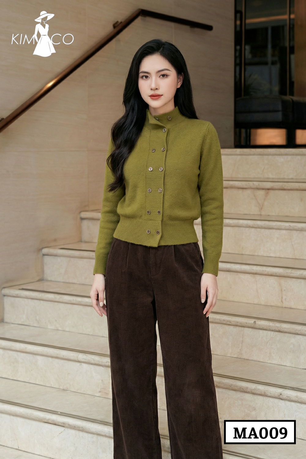Áo Len Cổ Trụ Nút Đôi Xanh Rêu - MA009