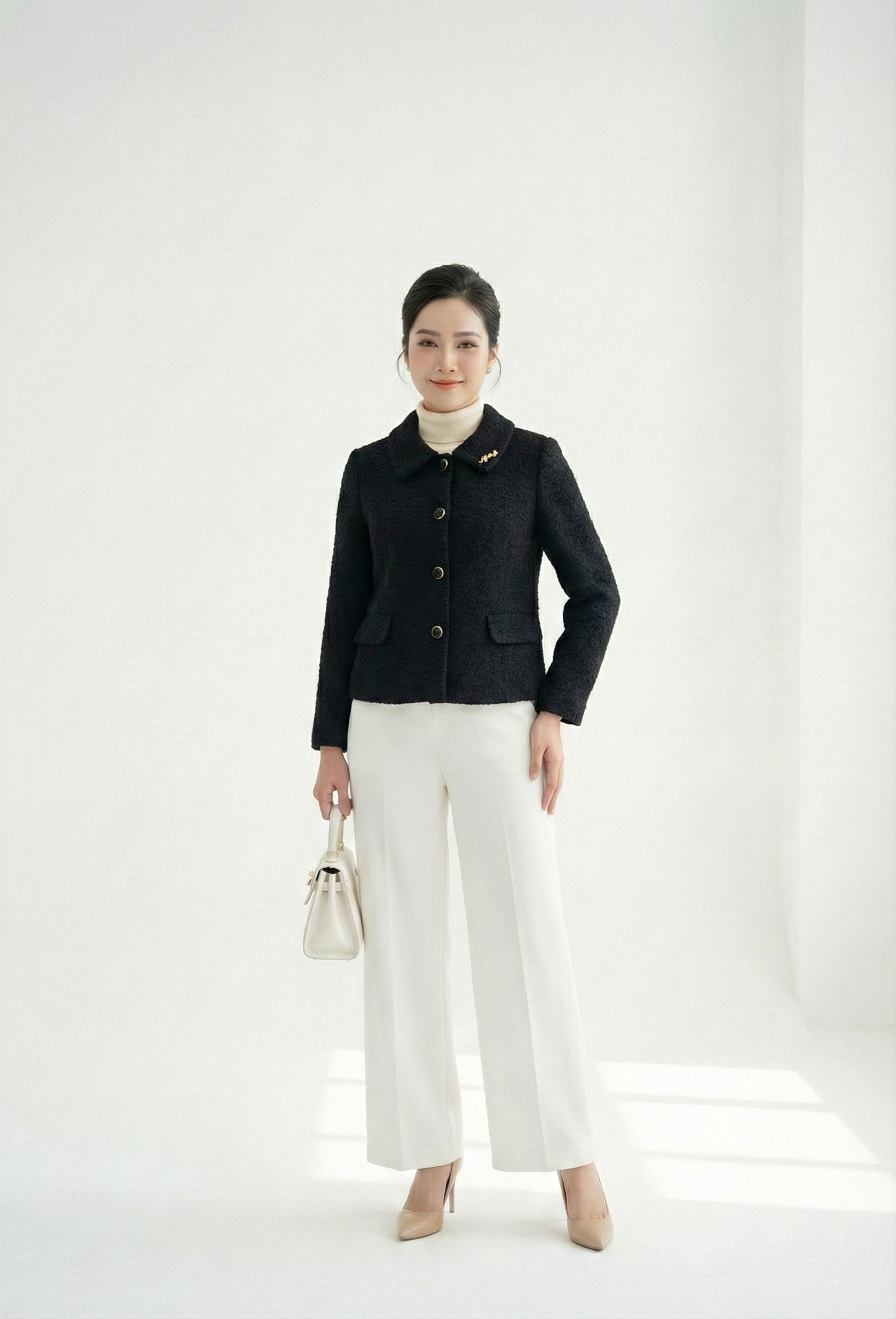 Áo khoác ngắn Suông Vải dạ xù Cổ bẻ Đính trang trí thủ công Dài dưới eo