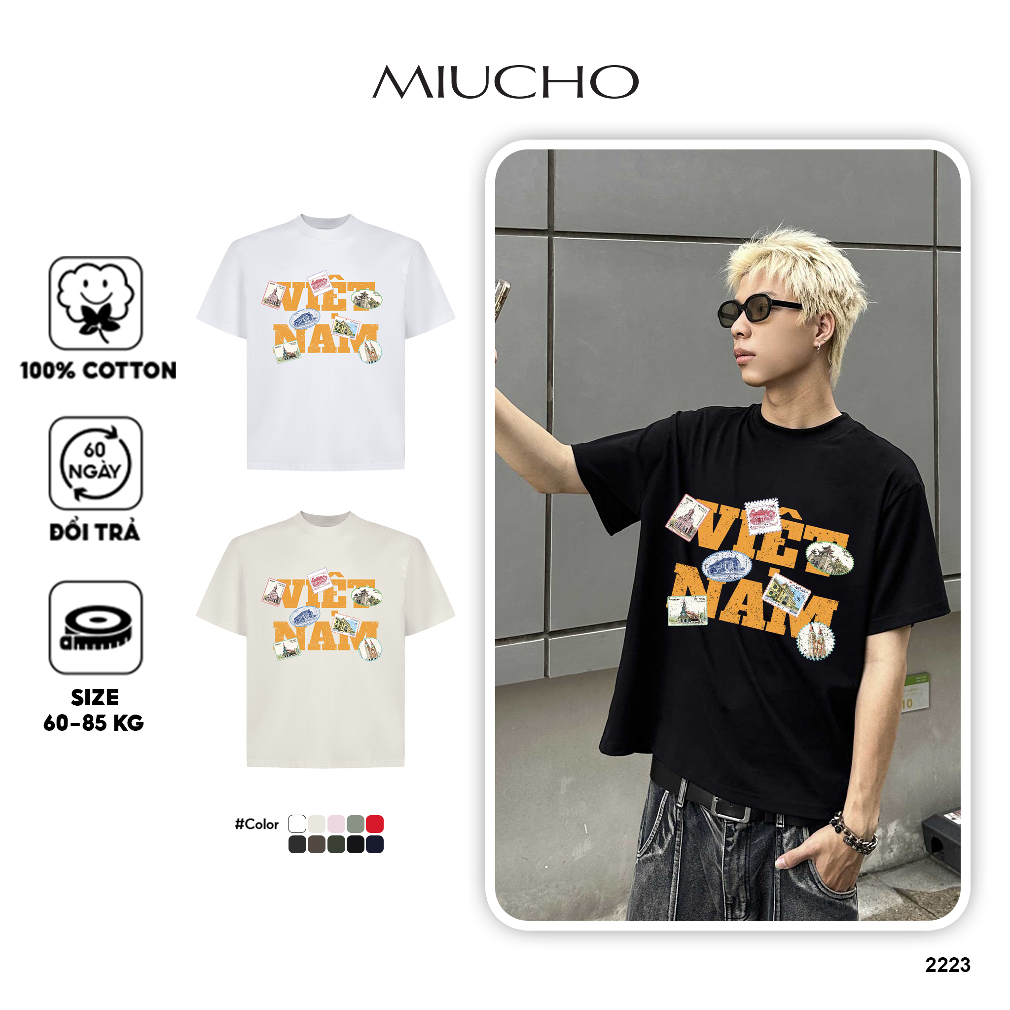 Áo phông local brand Việt Nam tôi yêu form boxy 2223 Miucho Club vải cotton 2c 250gsm cổ tròn in mix