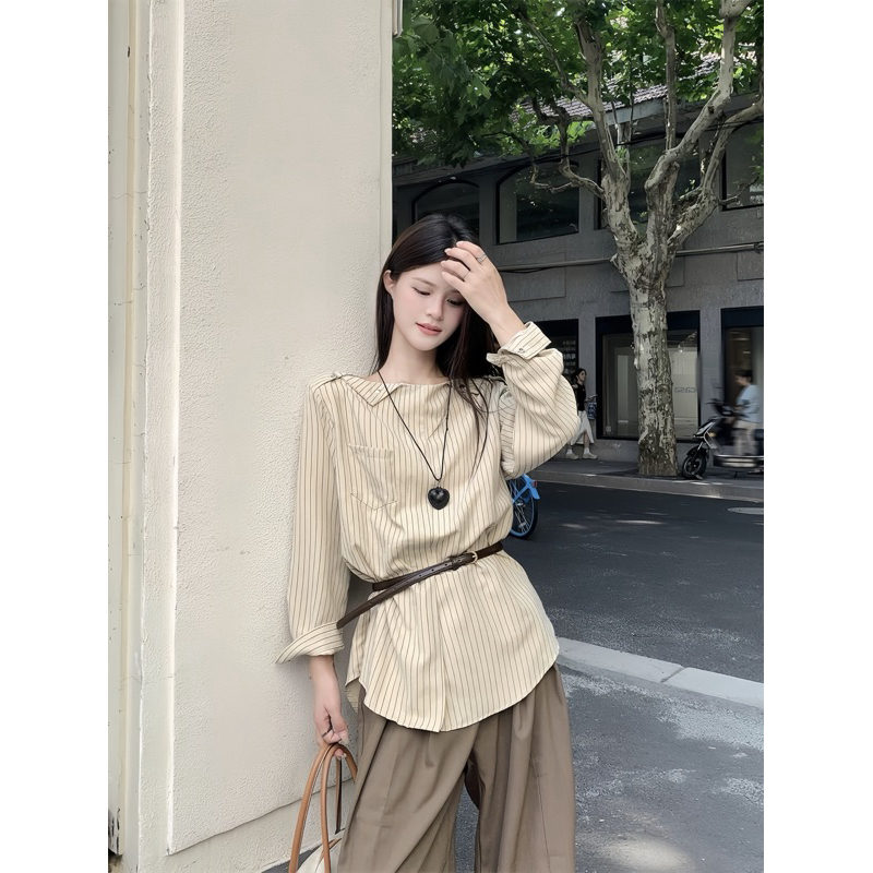 [Kèm dây lưng] Áo sơmi kẻ form suông đính cúc vai mặc được nhiều kiểu, áo sơ mi dài tay kèm dây lưng Logastore_142_thumbnail_5