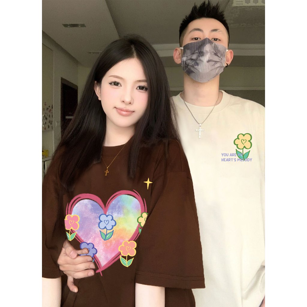 Áo thun cặp đôi hình trái tim form rộng tay lỡ màu xinh ATD1208 Miucho vải cotton thoáng mát cổ tròn in mix_thumbnail_4