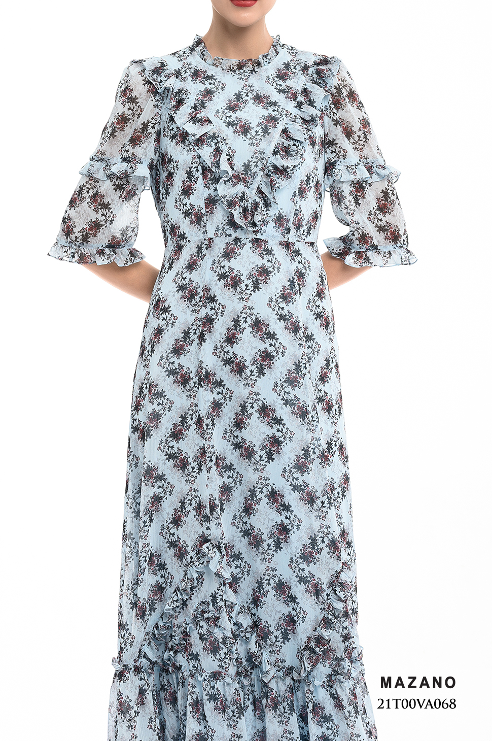 Đầm nền xanh họa tiết phối bèo cách điệu_thumbnail_3