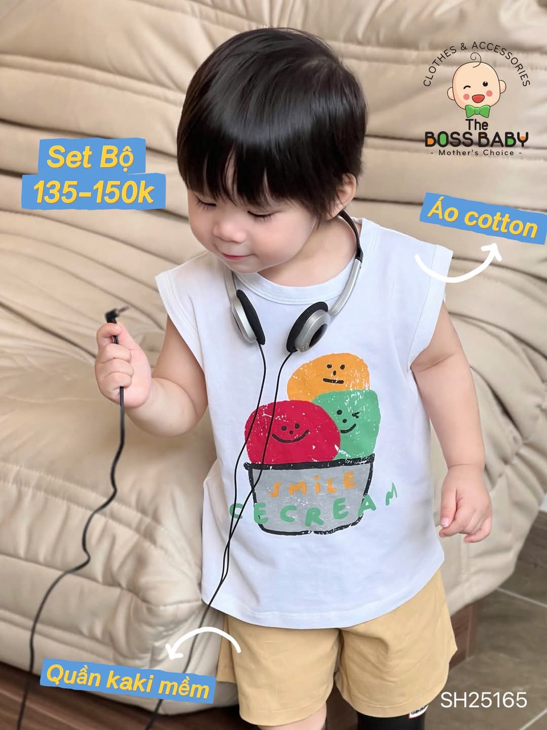 Set bộ kaki trắng be họa tiết mặt cười Smile icecream