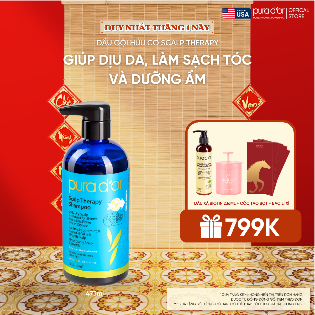Dầu gội Pura D'or Scalp Therapy Giúp Dịu Da, Làm Sạch Tóc Và Dưỡng Ẩm 473ml