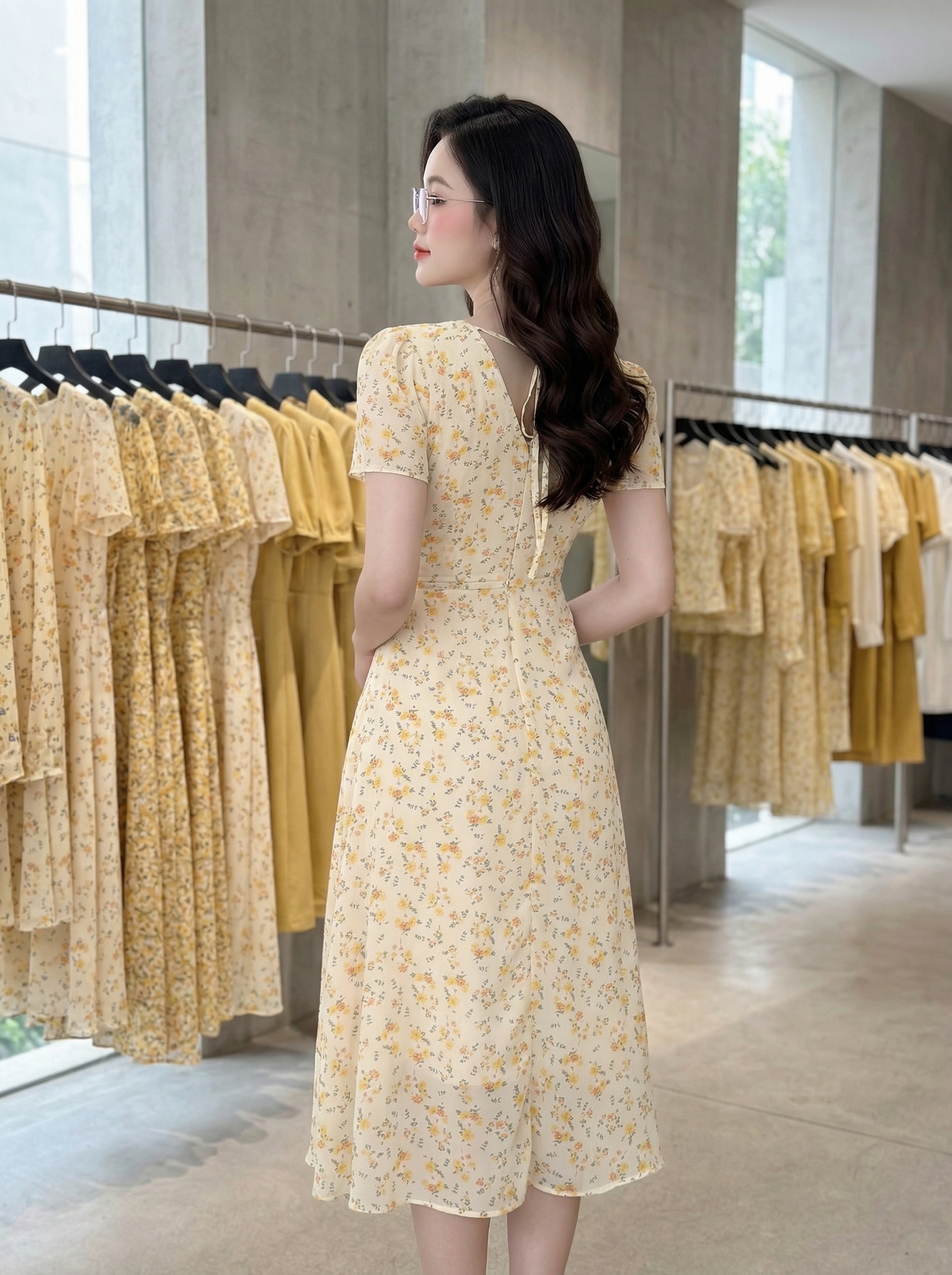 Đầm công sở họa tiết cổ V