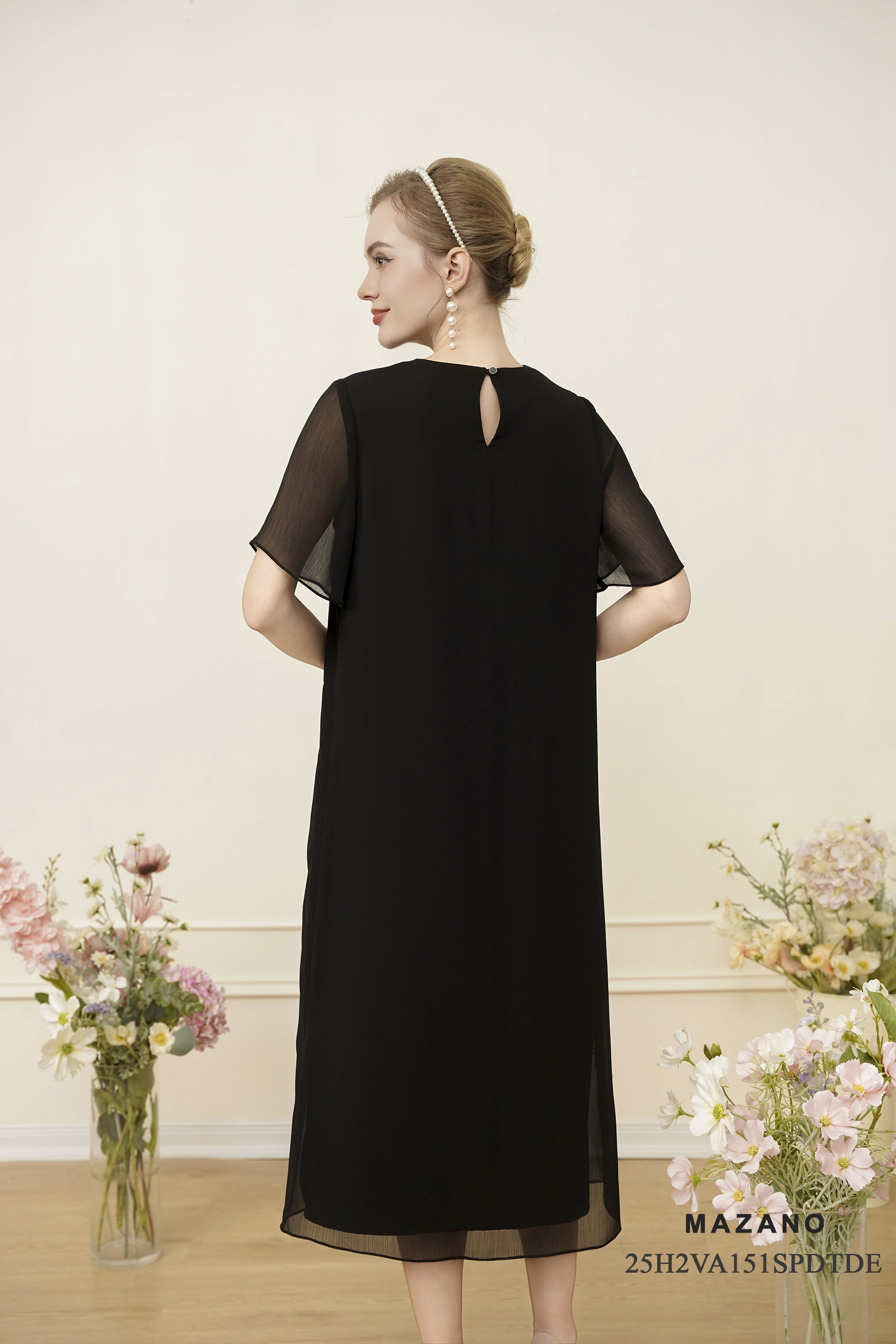 Váy Đầm suông A Vải voan  mỏng Đính trang trí bố cục trên thân Cổ  V Tay ngắn Dài váy qua bắp_thumbnail_3