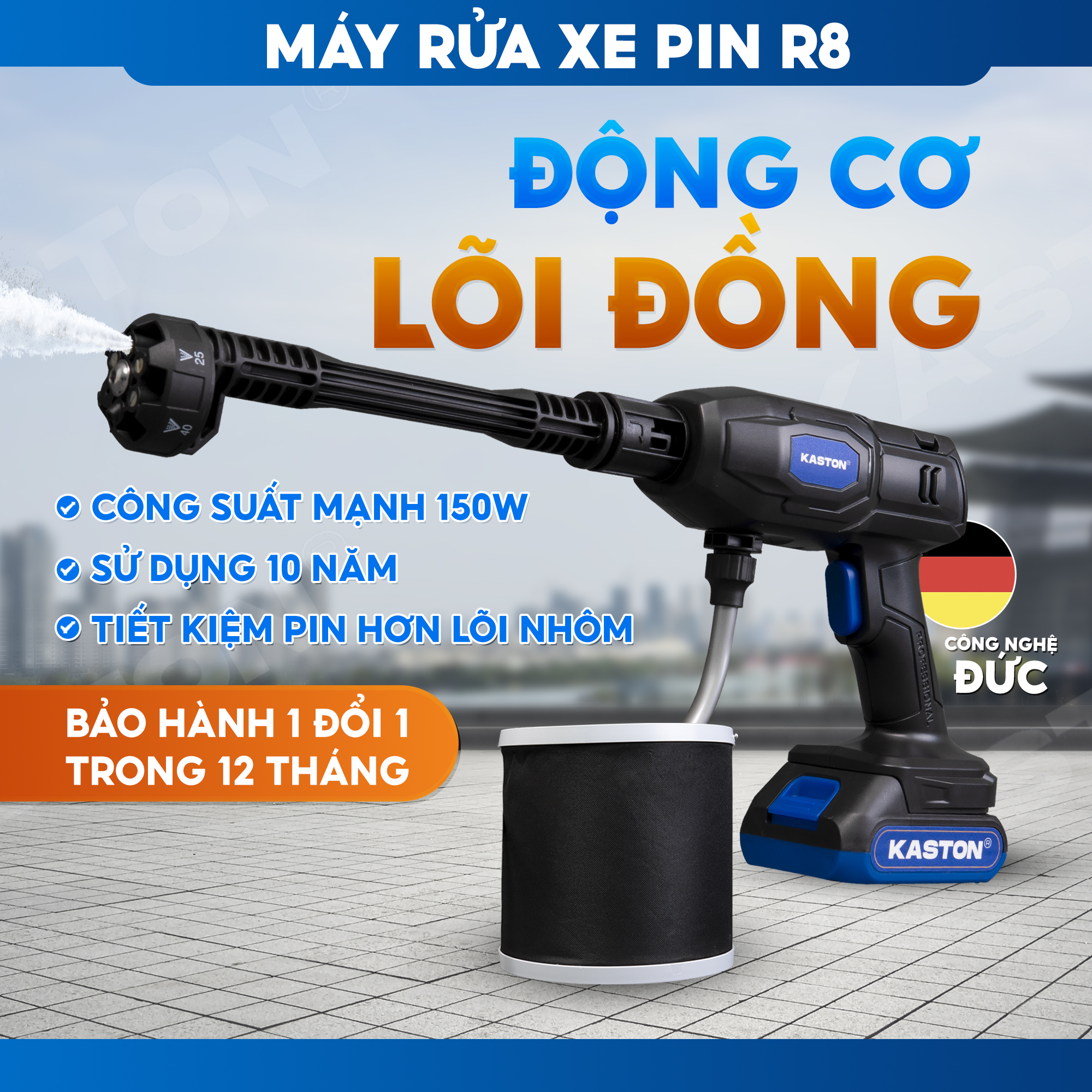 Máy rửa xe pin cao cấp Kaston - R8 - Kèm 2 pin, nhỏ gọn mạnh mẽ - Động cơ công nghệ Đức bền bỉ vượt trội.
