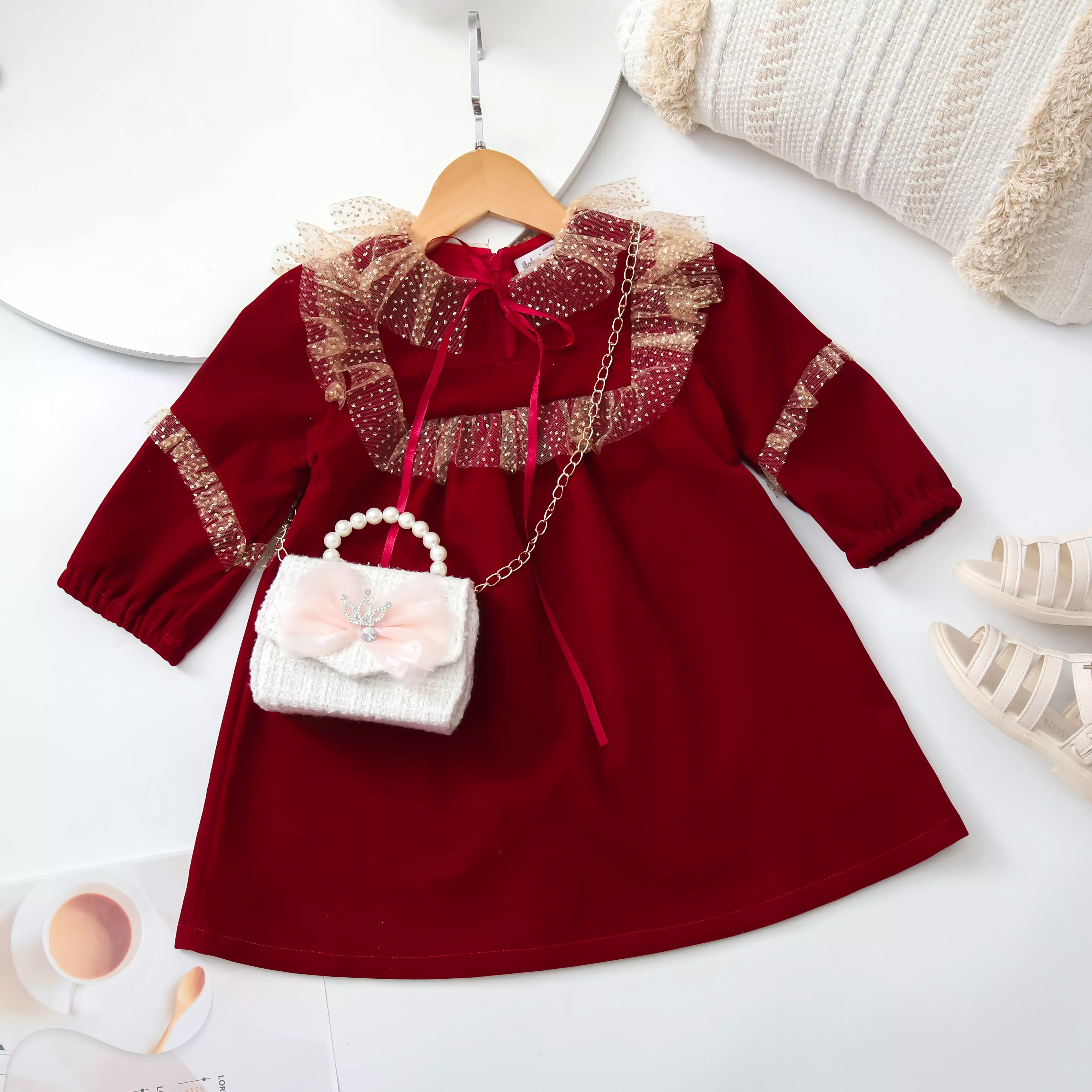 Váy nhung phối lưới cổ nơ_thumbnail_0