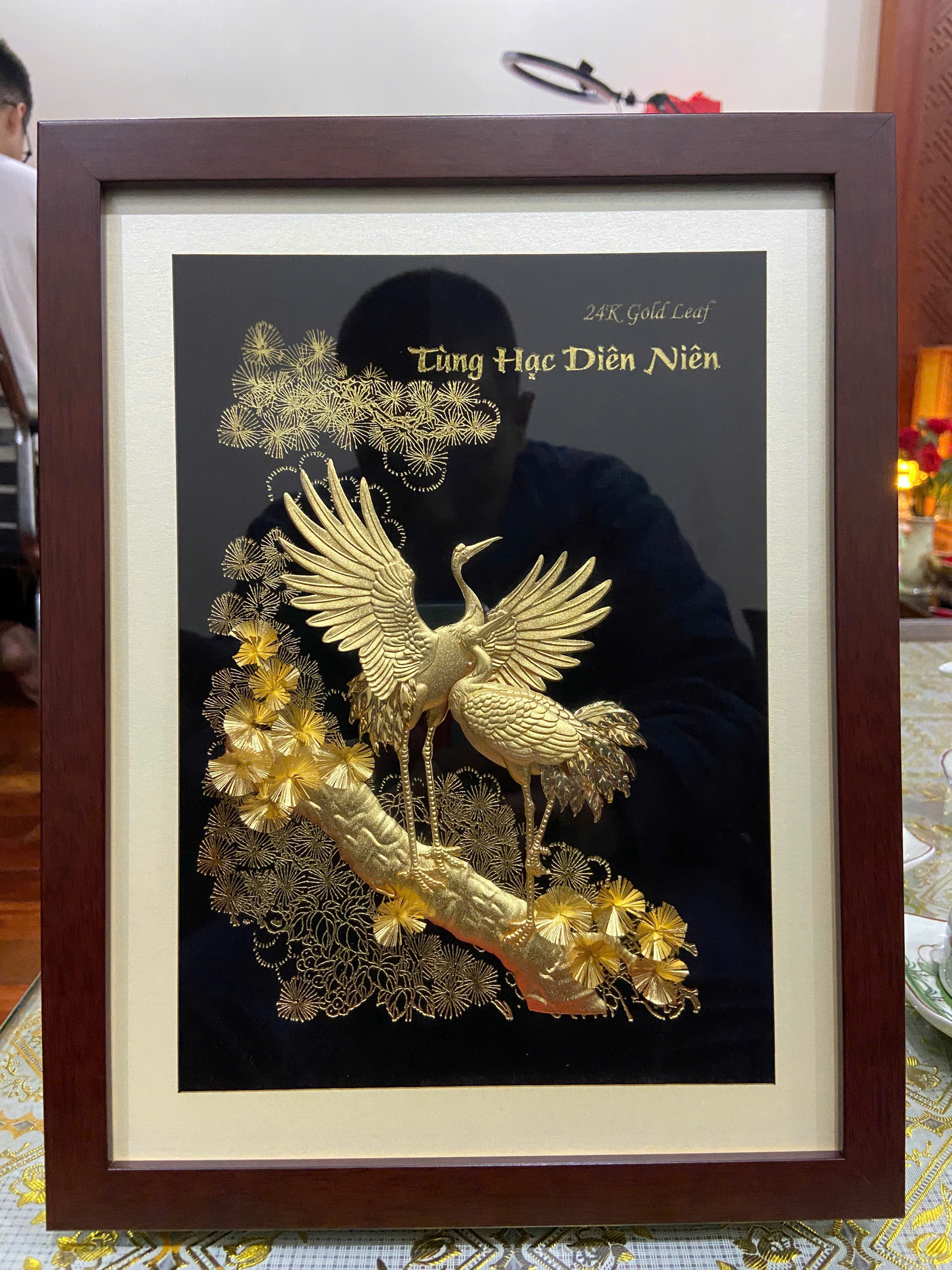 Tranh tùng hạc diên niên mạ vàng 24k kích thước 34CM X 27CM_thumbnail_1