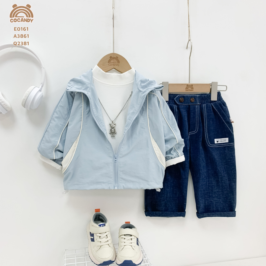 Áo khoác gió XANH DƯƠNG phối nẹp be nhỏ