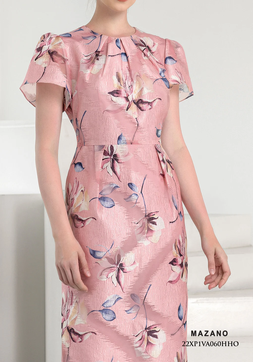 Đầm dự tiệc hồng họa tiết xếp ly cổ tay bồng_thumbnail_3