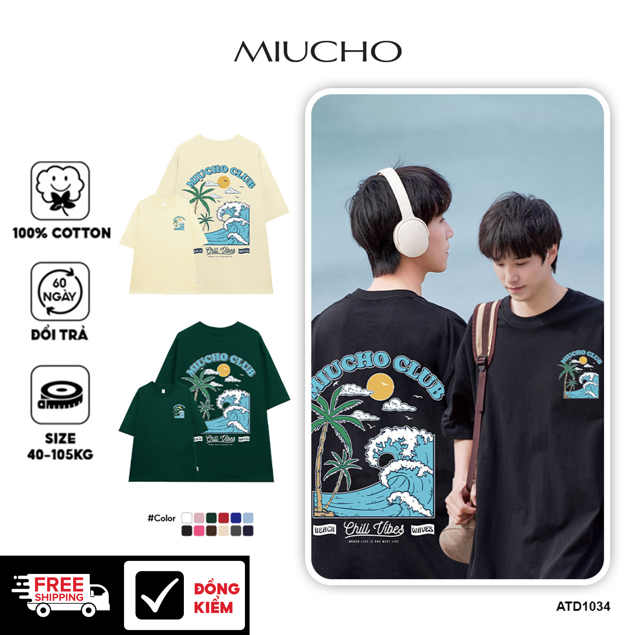 Áo phông nam mùa hè đi biển form rộng nhiều màu ATD1034 Miucho Man tay ngắn cổ tròn in mix