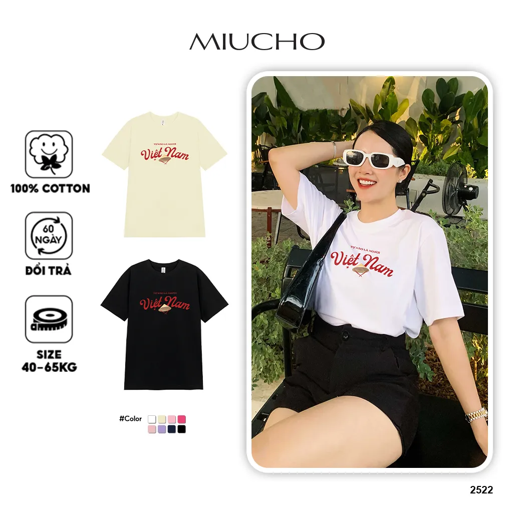 Áo thun Việt Nam form vừa 2522 Miucho Chic vải cotton cao cấp phong cách cổ điển in chữ