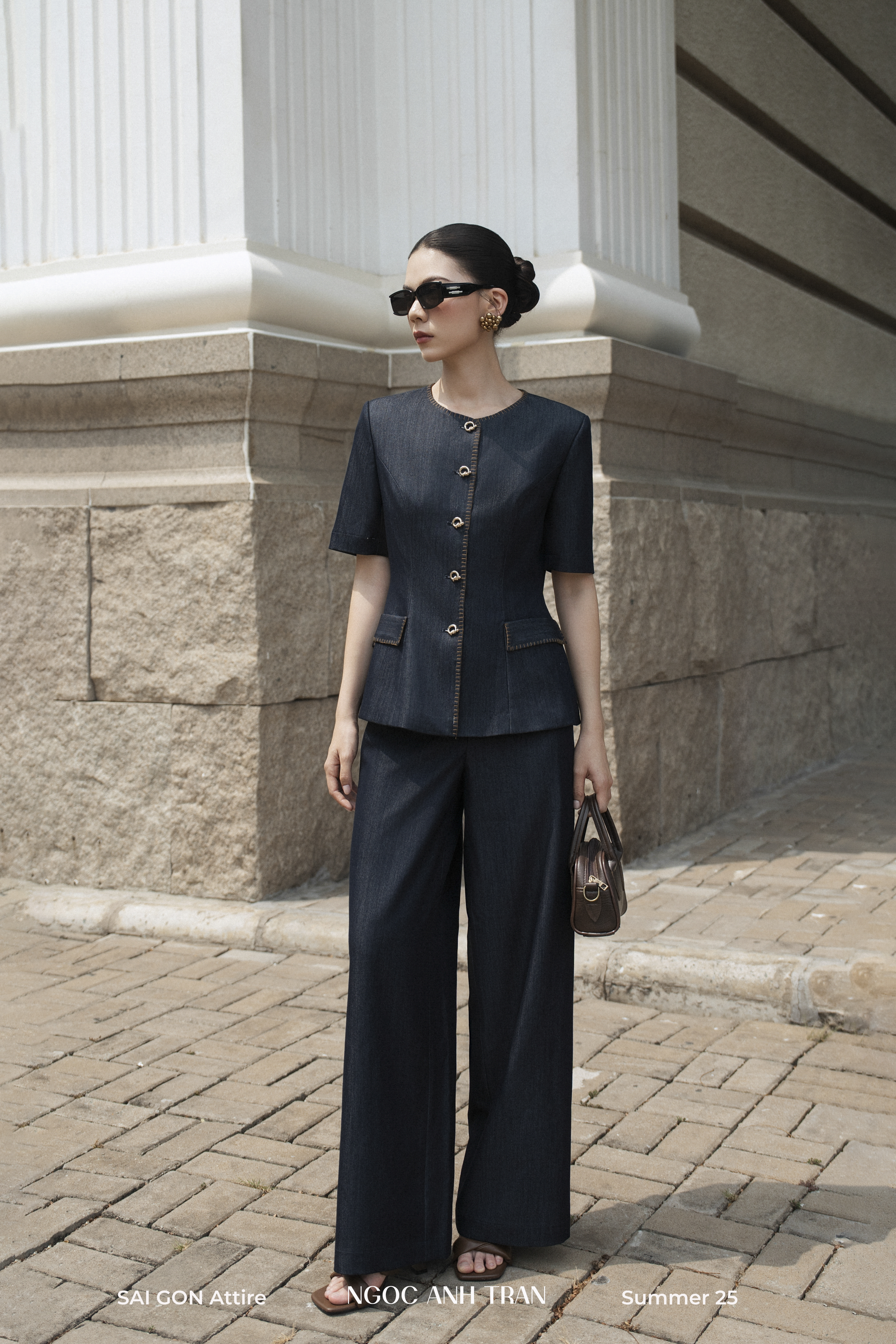 Set A173 - Set denim mềm họa tiết viền chỉ vàng