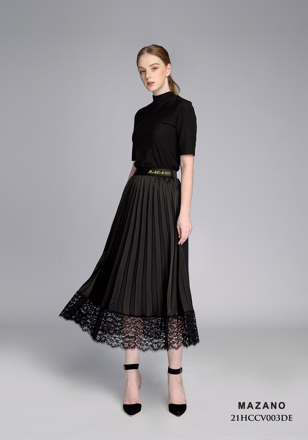 Chân váy xoè vải lụa phối gấu chân ren