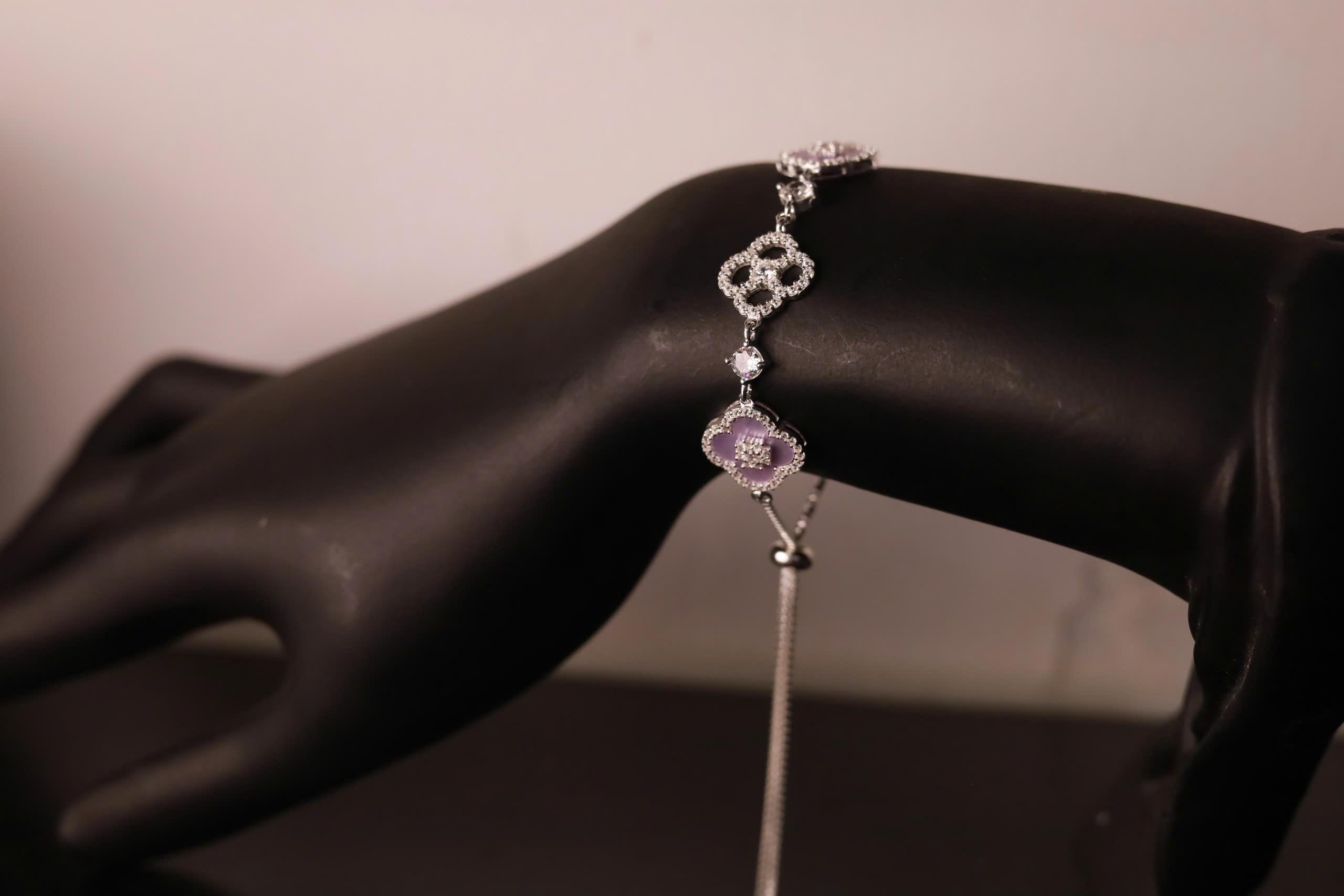 Vòng tay bạc cỏ 4 lá dây rút xi bạch kim xà cừ tím_thumbnail_3