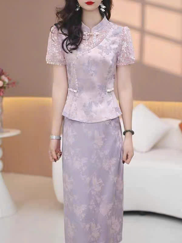 18366-Set áo chân váy lụa vân gấm tím (lụa,lót)