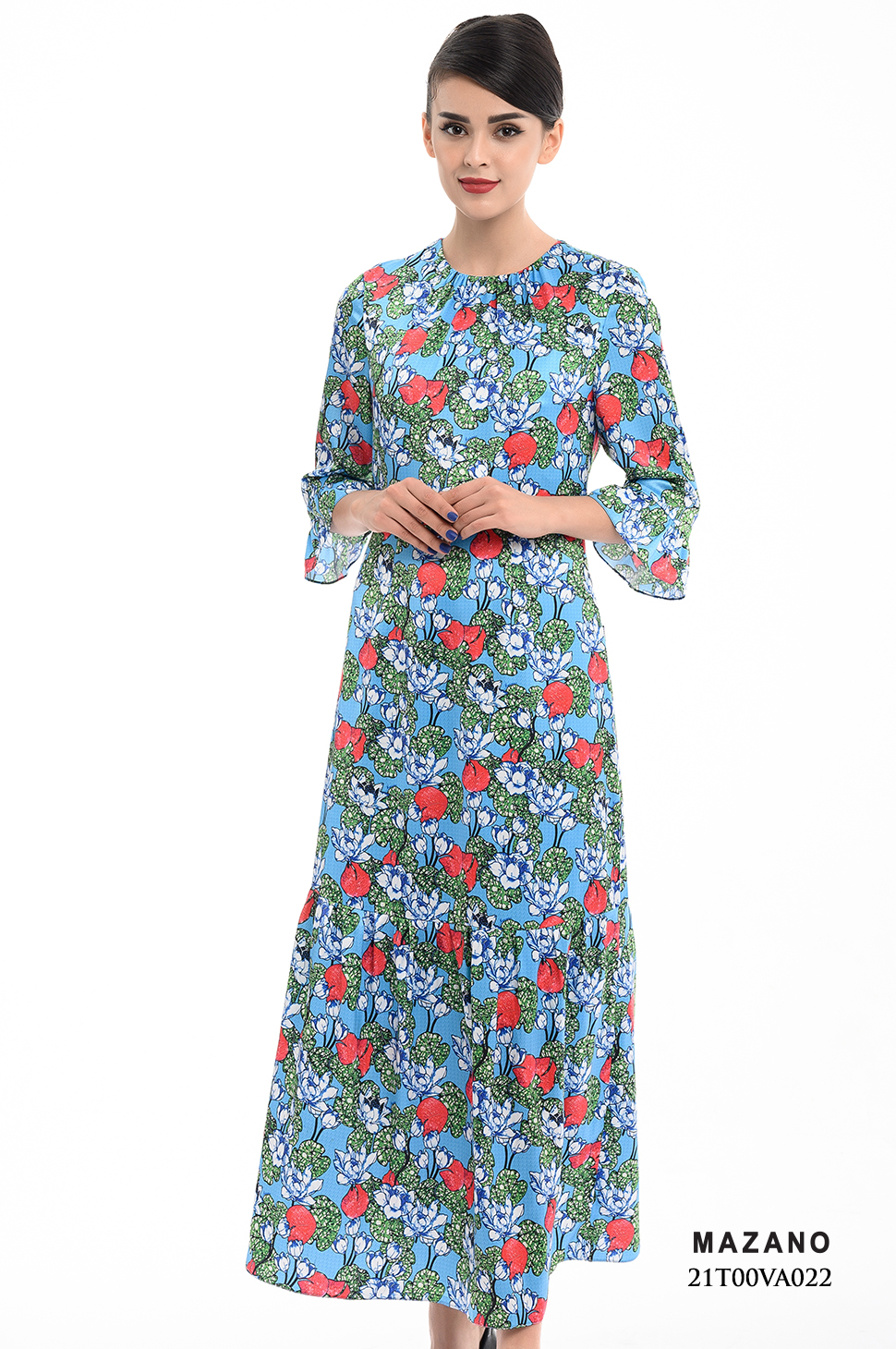 Đầm nền xanh họa tiết tay lỡ loe cách điệu_thumbnail_3