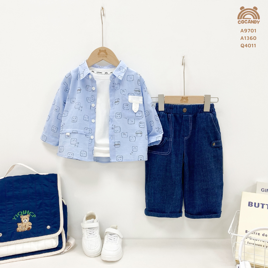 Quần dài jeans XANH suông nắp túi