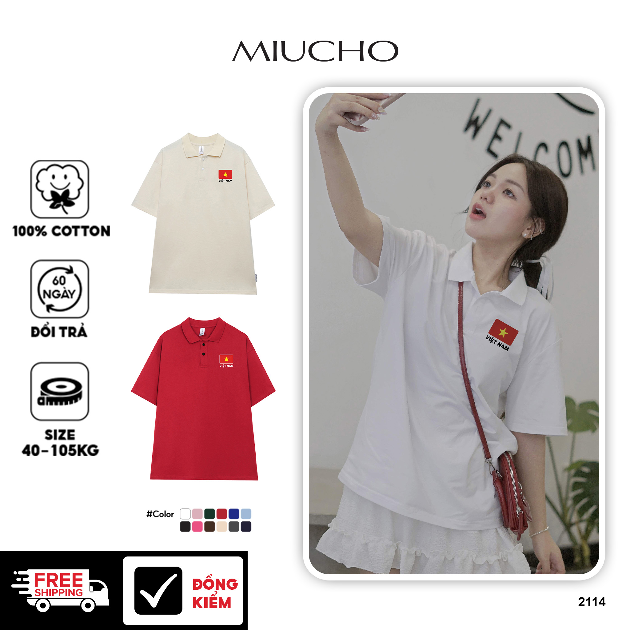 Áo polo nữ form rộng Việt Nam tôi yêu 2114 Miucho vải cotton 4c thoáng mát in mix