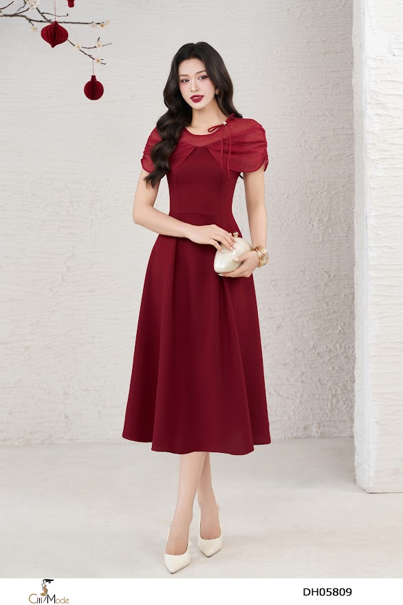 Đầm xòe đỏ mận cổ tròn phối tơ đính nơ_thumbnail_2