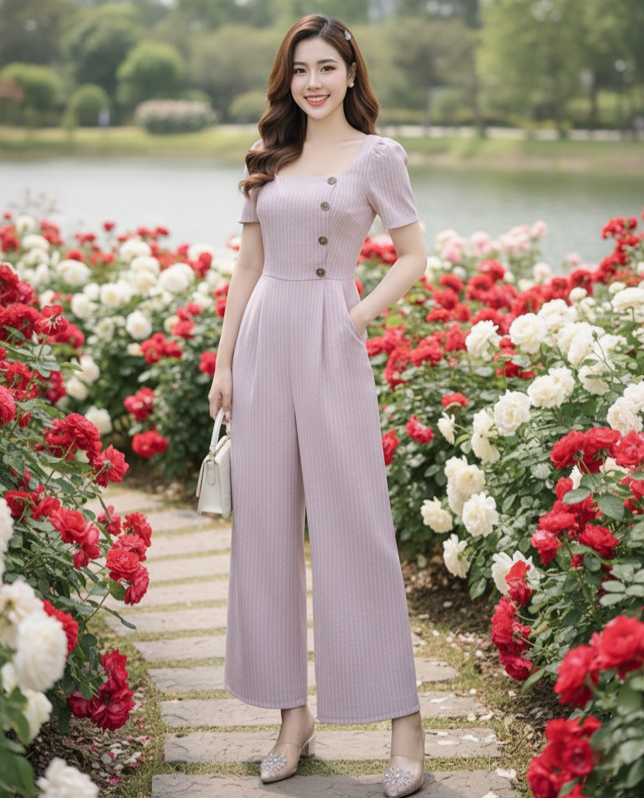 Jumpsuit lửng ống rộng cổ U phối nút ngực