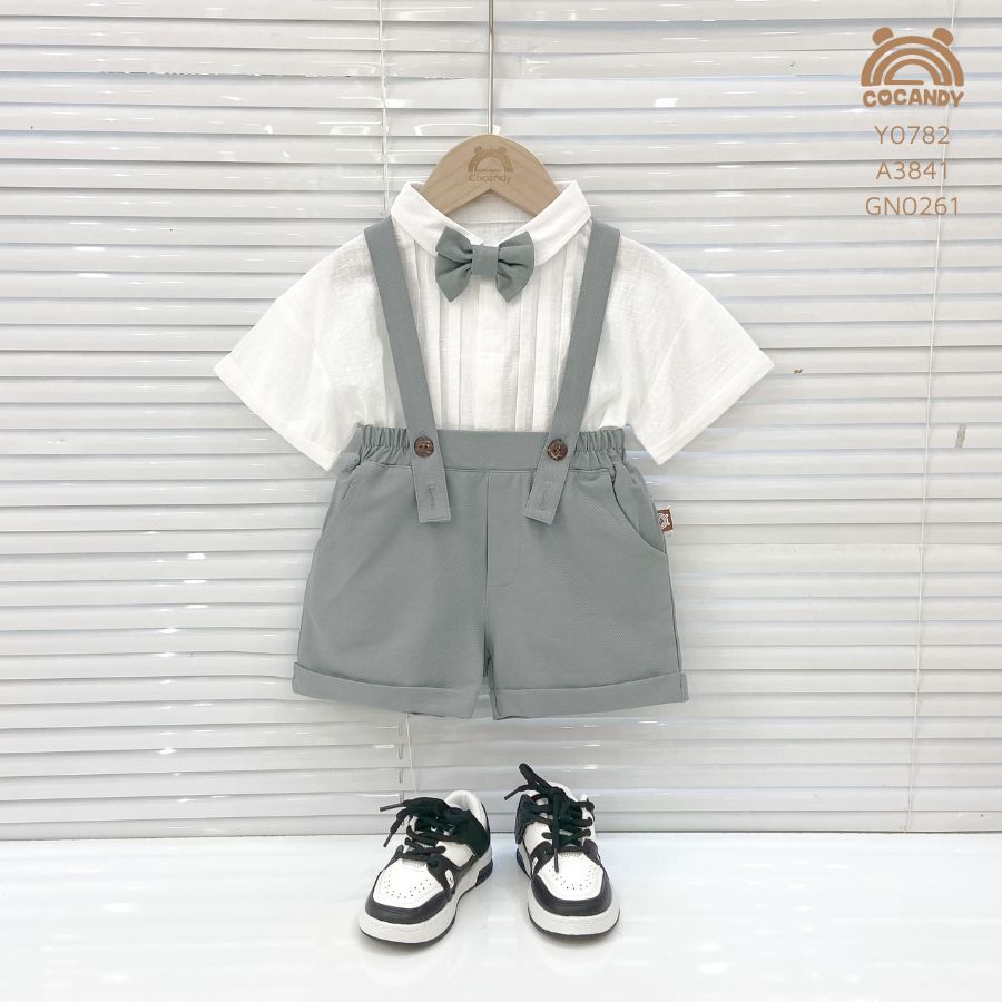 Yếm quần cộc GHI quai chun kèm nơ