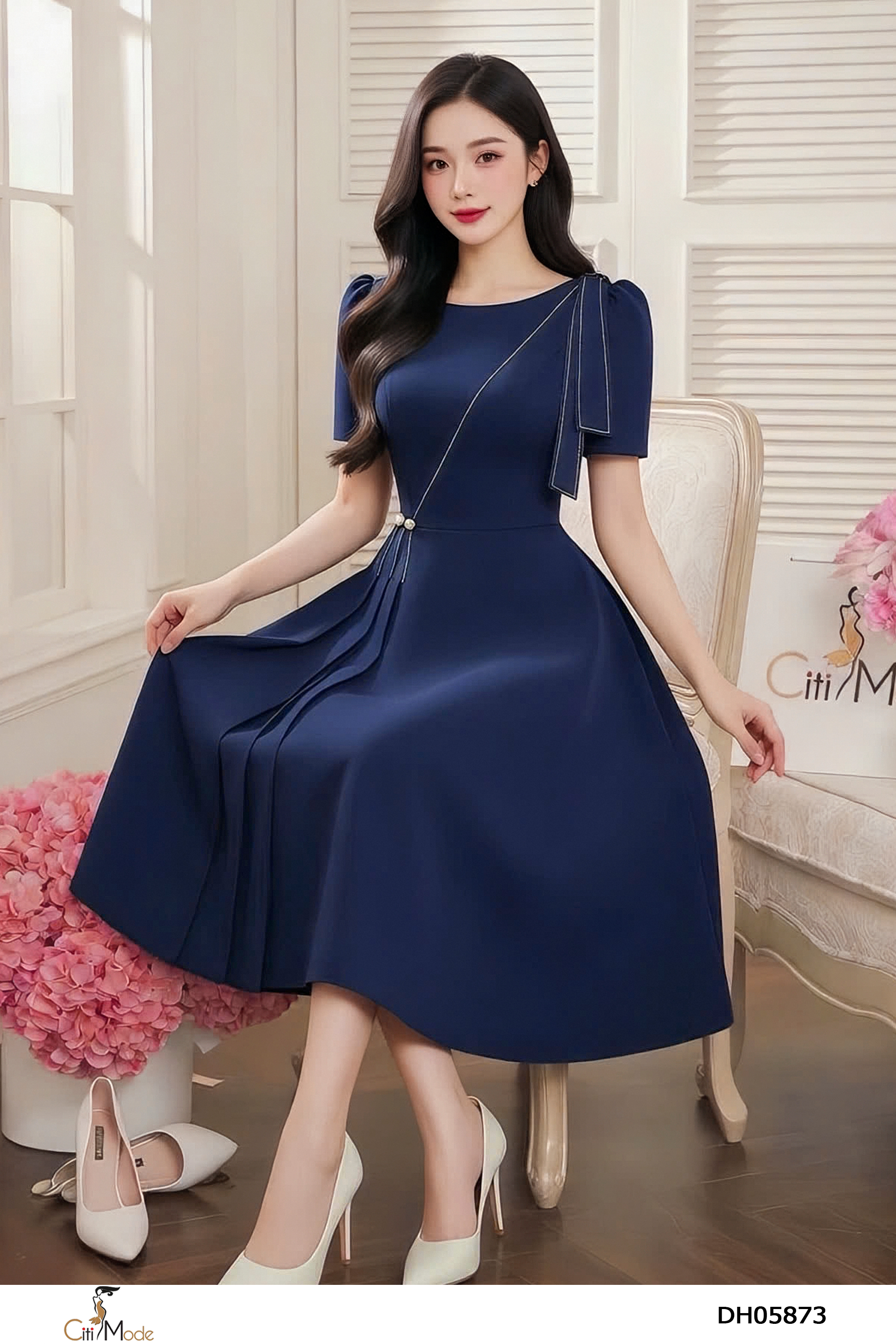 Đầm xòe tím than tay cọc nơ vai_thumbnail_2