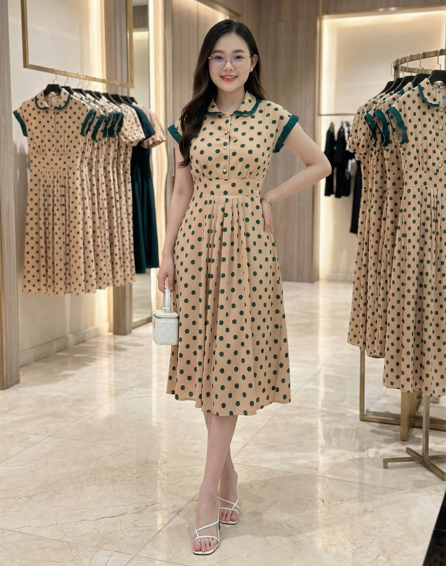 Đầm xòe họa tiết chấm bi cổ Peter cột nơ_thumbnail_3