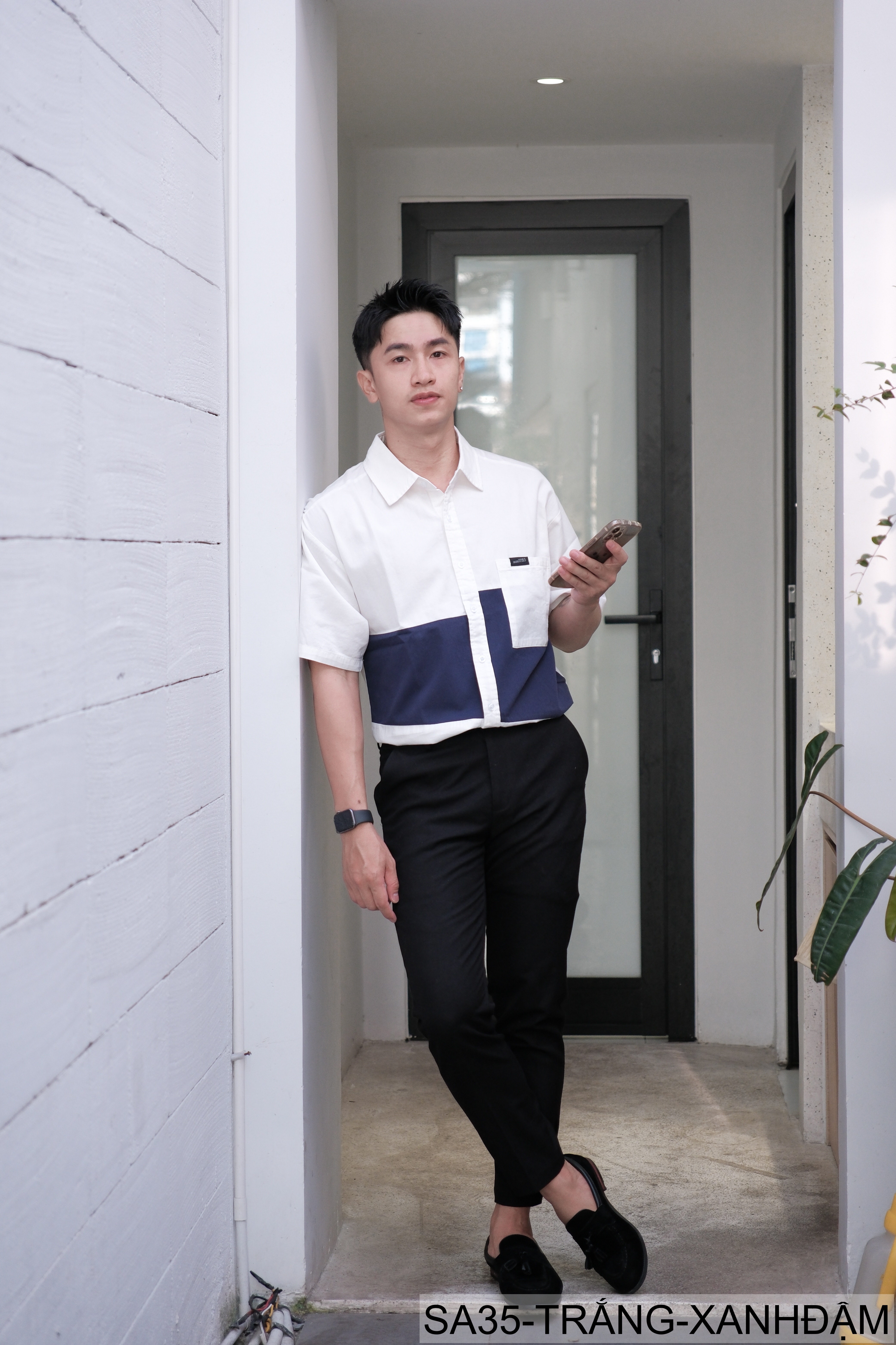 SA35 - Áo Sơ Mi Nam Tay Ngắn Phong Cách Nhật Bản, Chất Liệu Bông 100%, Thiết Kế Phối Màu Trẻ Trung