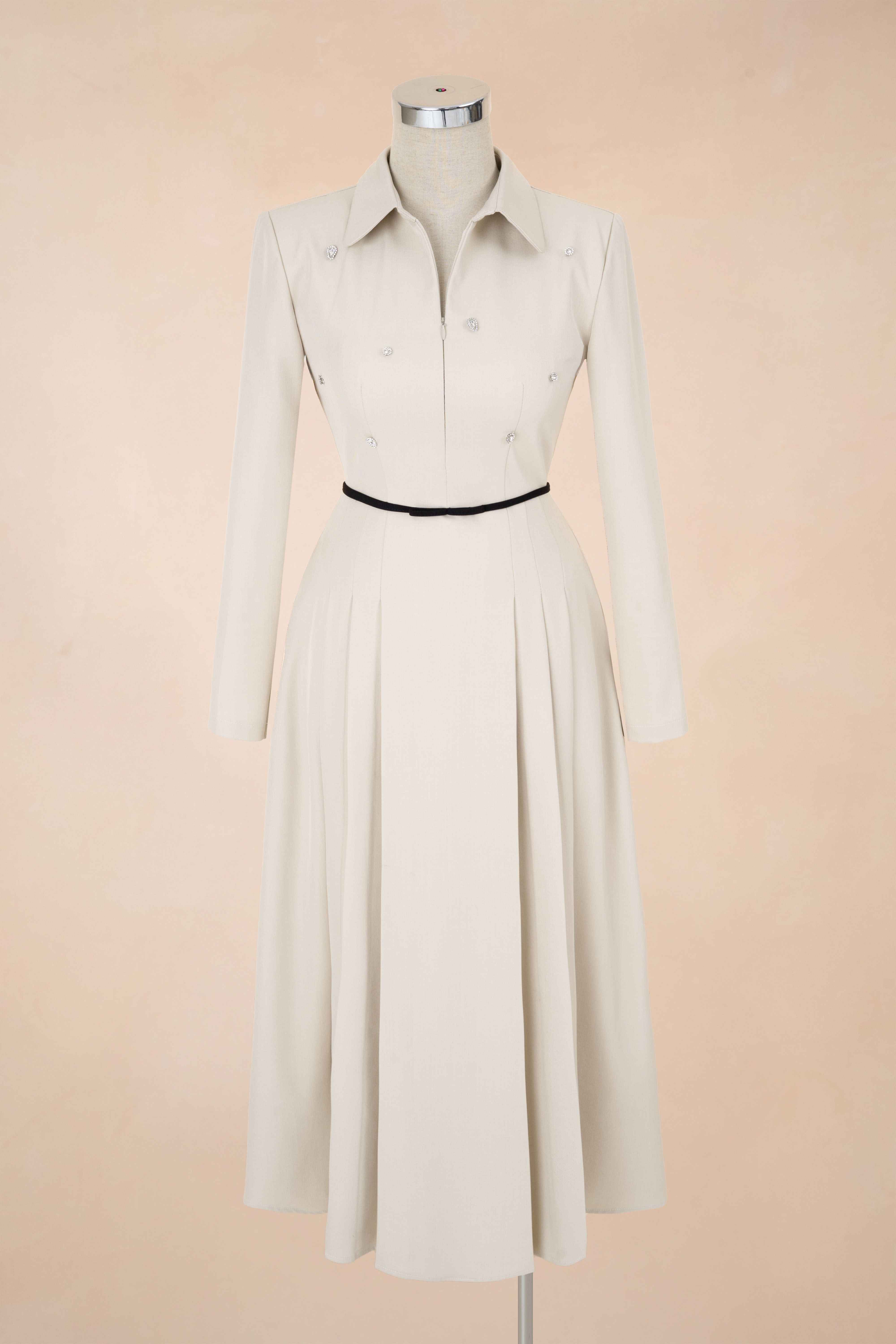 Đầm Xoè Khoá Ngực Nơ Eo Tay Dài