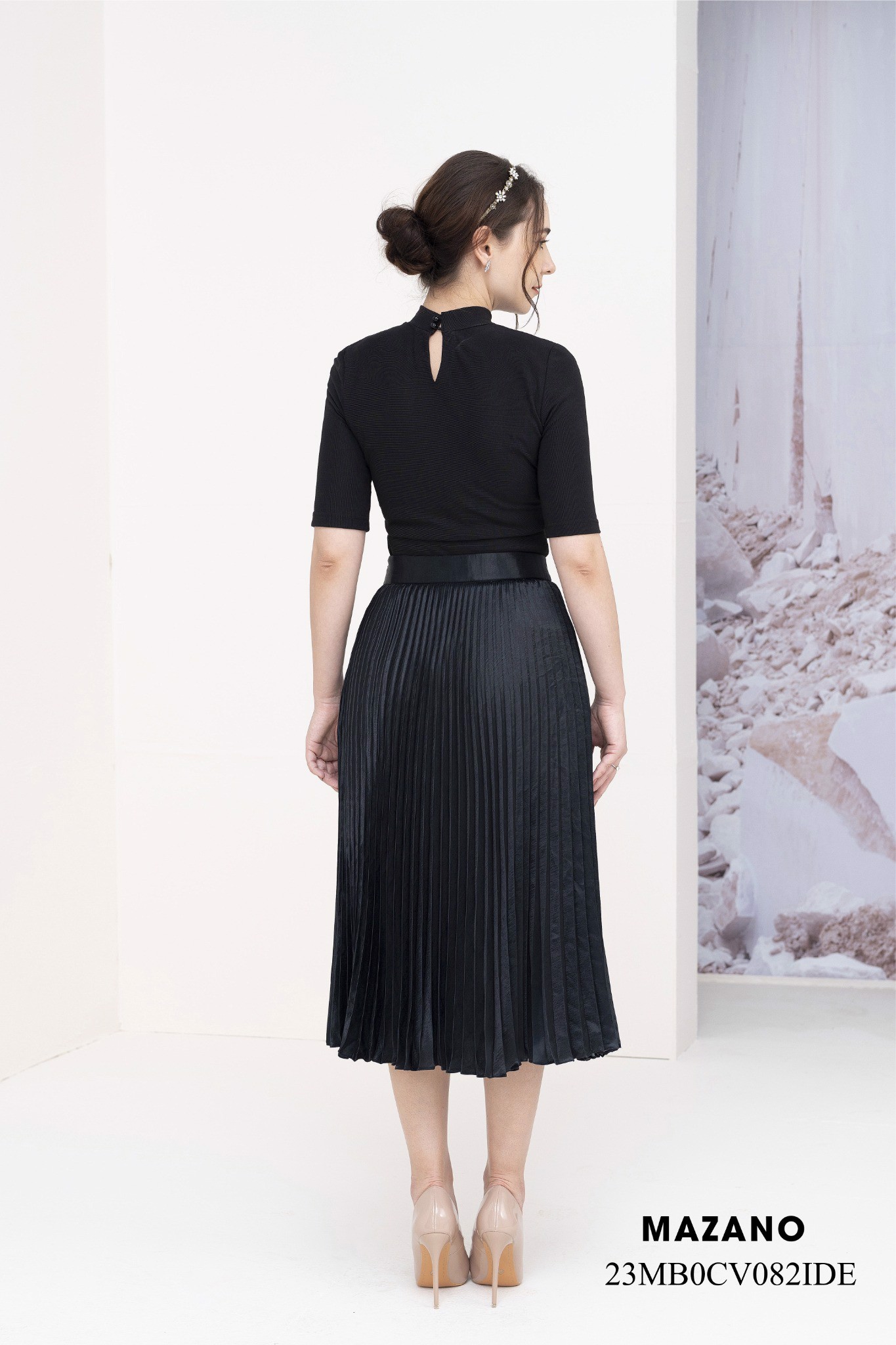 Chân váy Chữ A dập ly Vải lụa dày Cạp cao 4cm Dài trên mắt cá chân_thumbnail_2