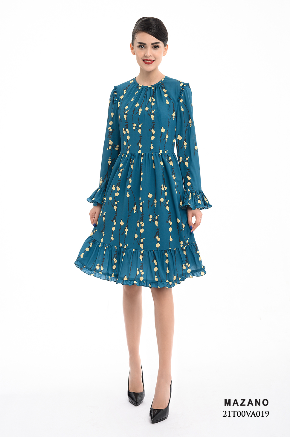 Đầm xanh họa tiết tay loe_thumbnail_0