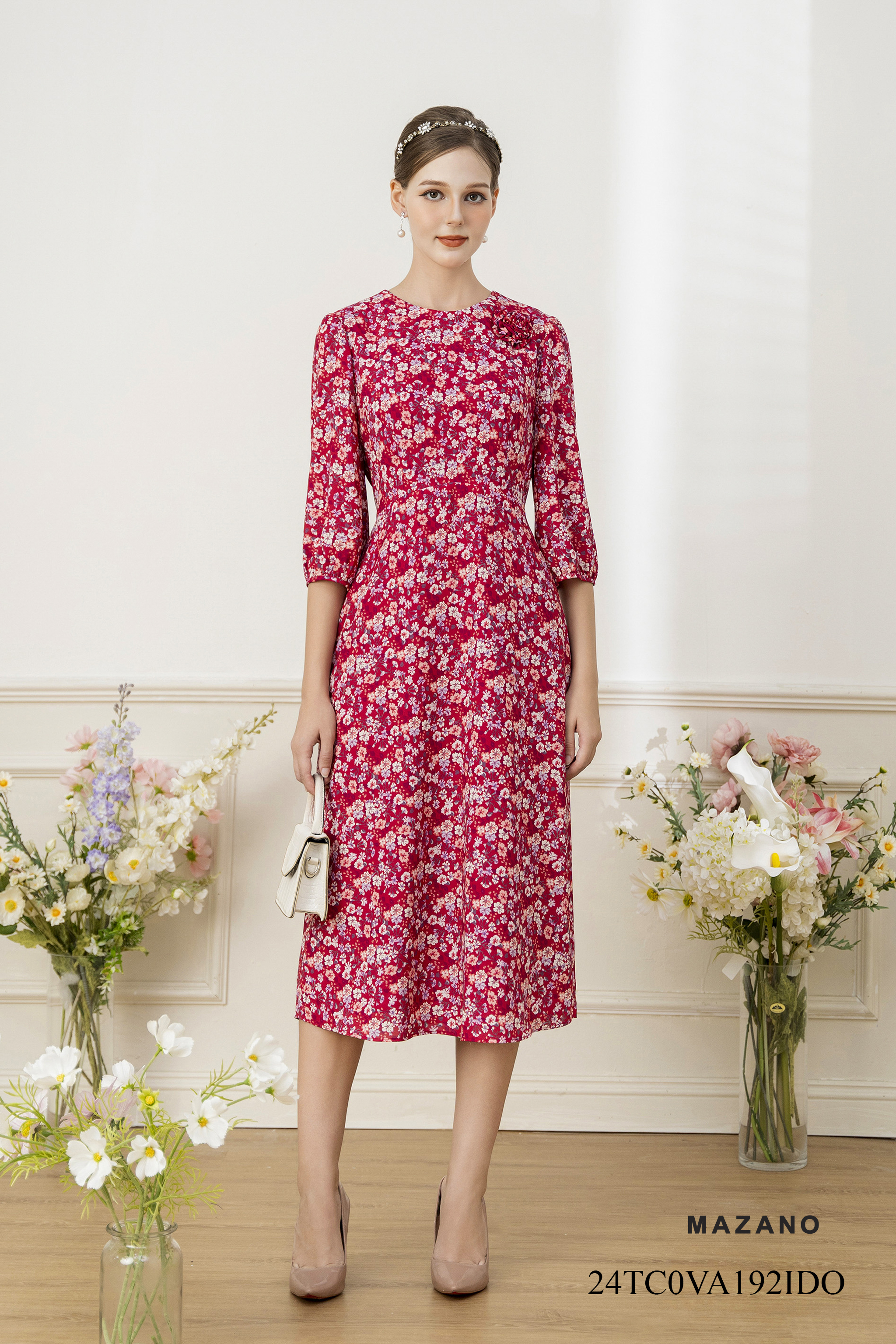 Váy Đầm ôm Chân rủ Vải voan Hoạ tiết hoa cách điệu Cổ tròn tay lỡ Dài qua bắp chân  192IDO