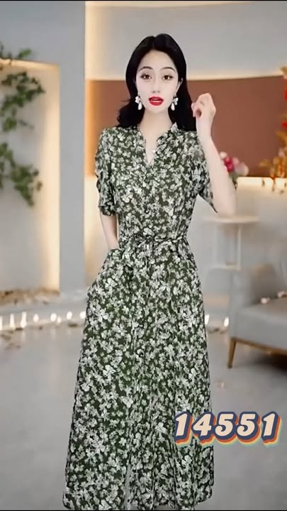 14551-Đầm xòe A họa tiết cỏ  ba lá  xanh rêu (lụa mango)_thumbnail_0