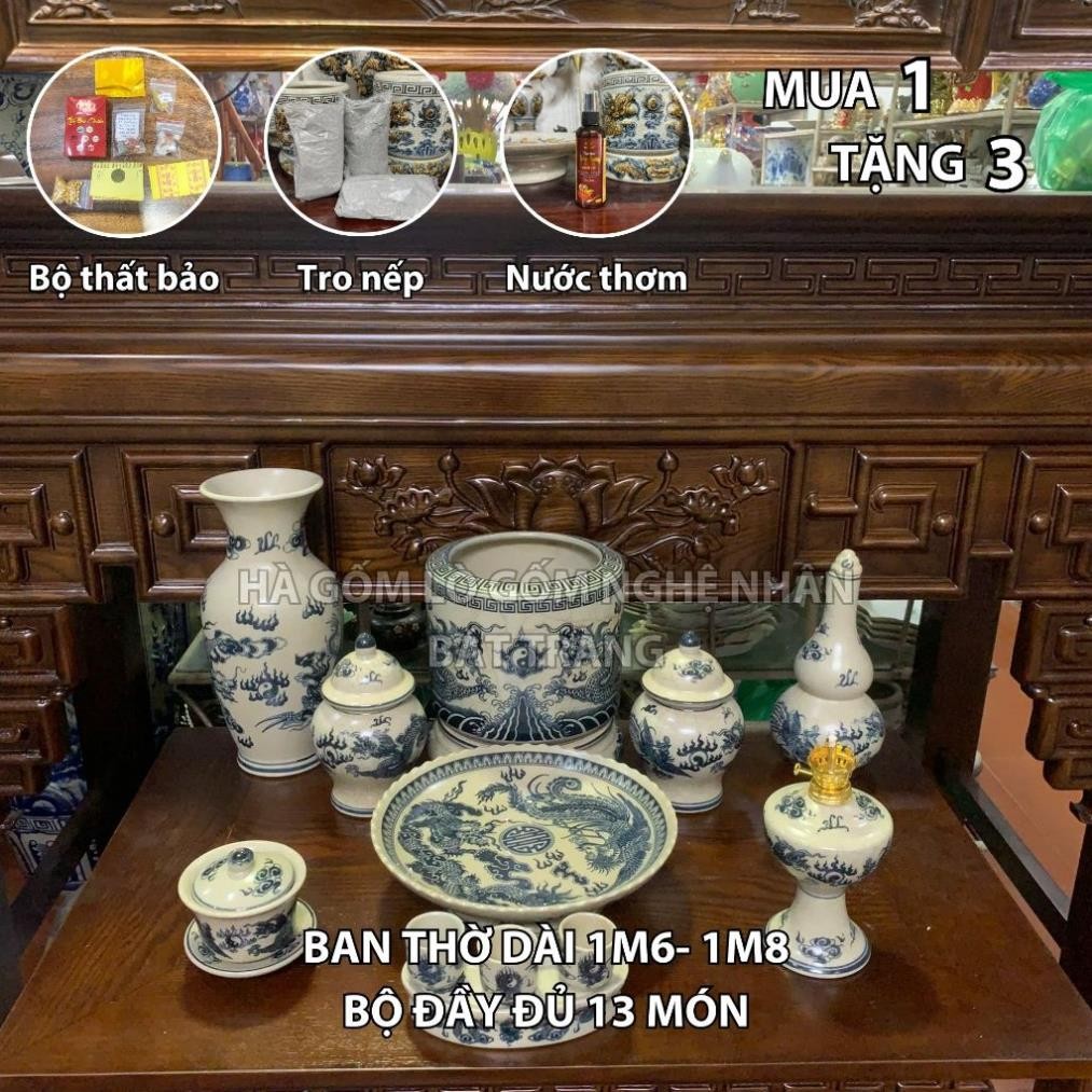 Đồ Thờ Cúng Bộ 13 món ban thờ 1M6 - 1M8 men rạn trơn nghệ nhân Bát Tràng chế tác TẶNG Thất Bảo, Tro Nếp