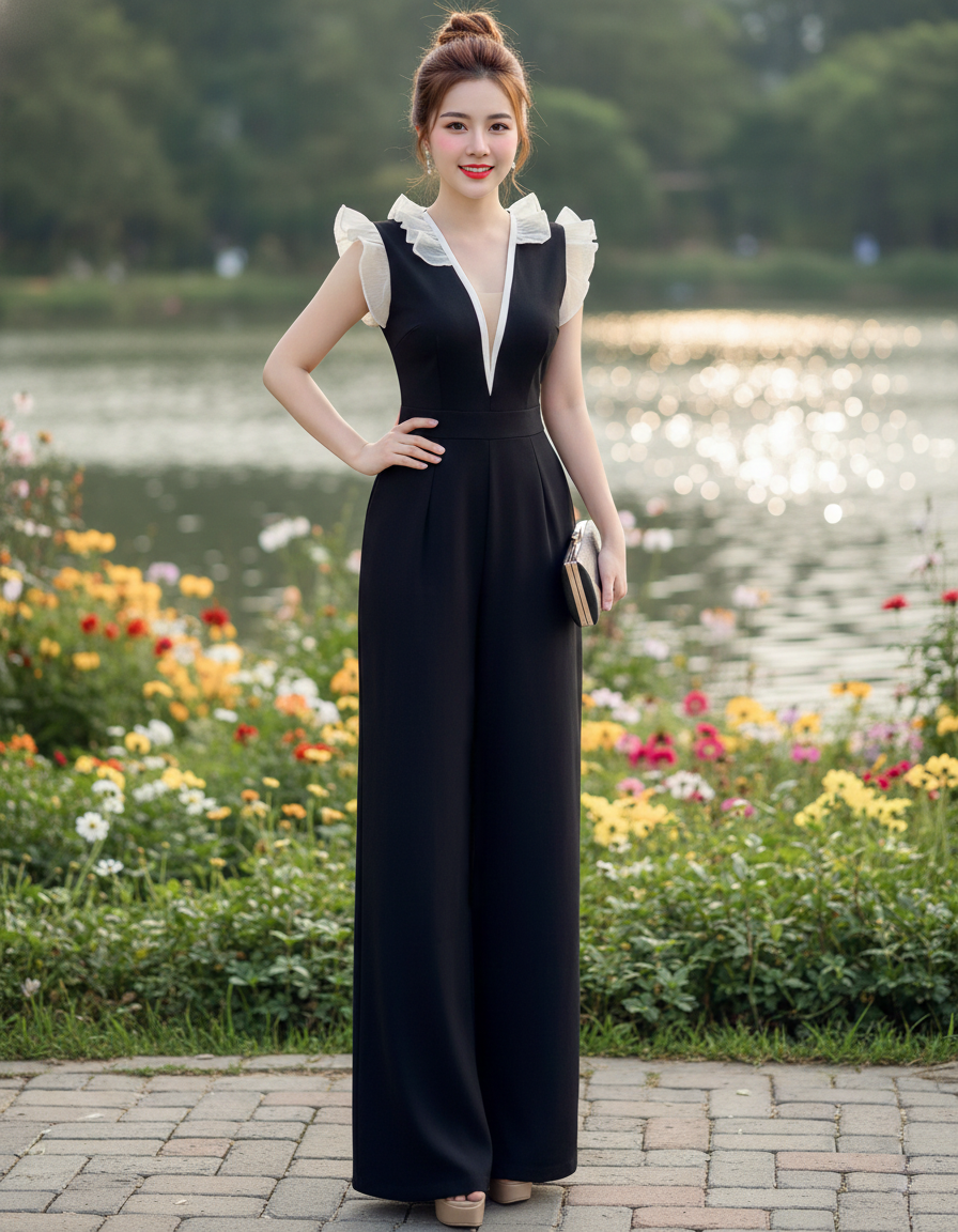 Jumpsuit phối bèo cổ khoét V phong cách_thumbnail_3