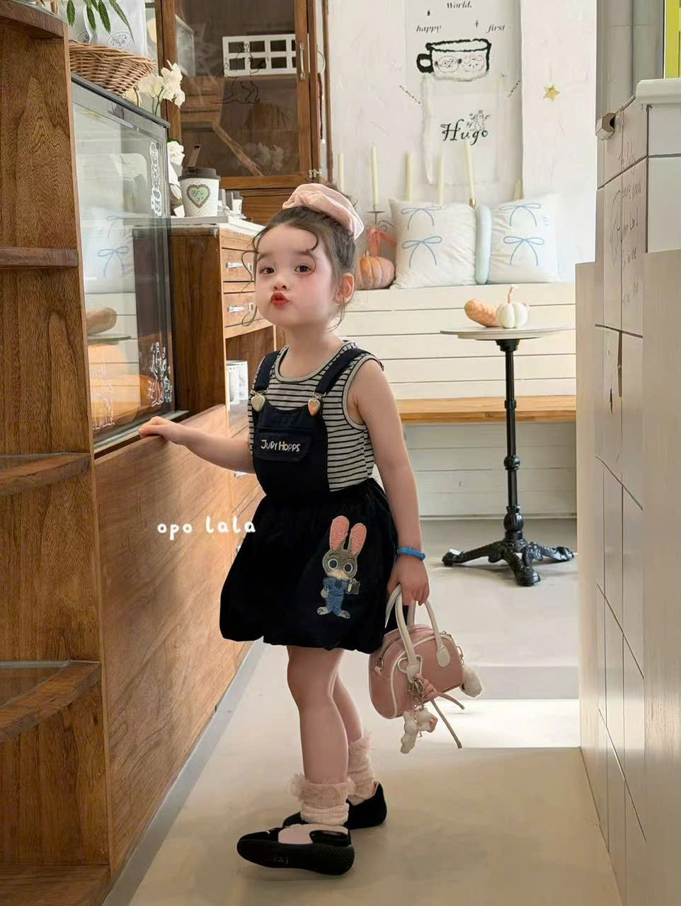 C132 - Set yếm cotton in hình thỏ 2 chi tiết màu đen trắng hãng OPL (Sz90-130)