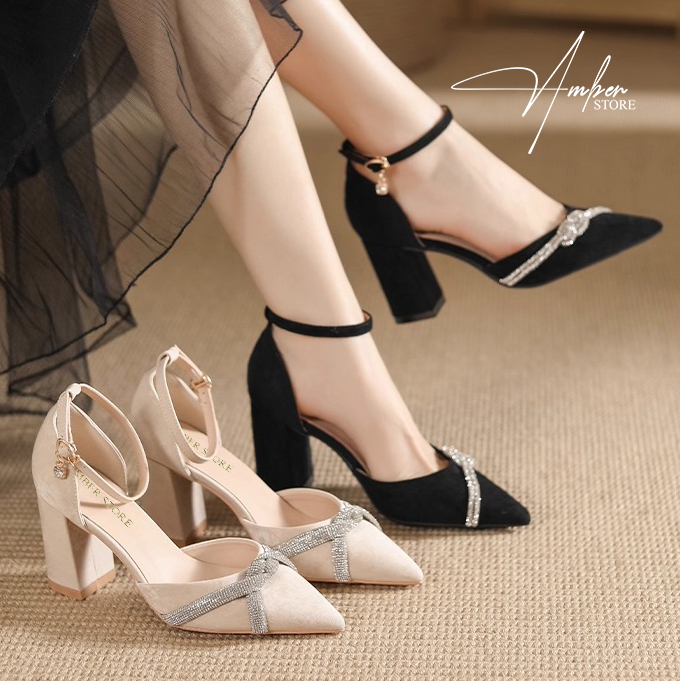 Giày Cao Gót Nữ Gót Vuông Bít Mũi Phối Đá – CG16