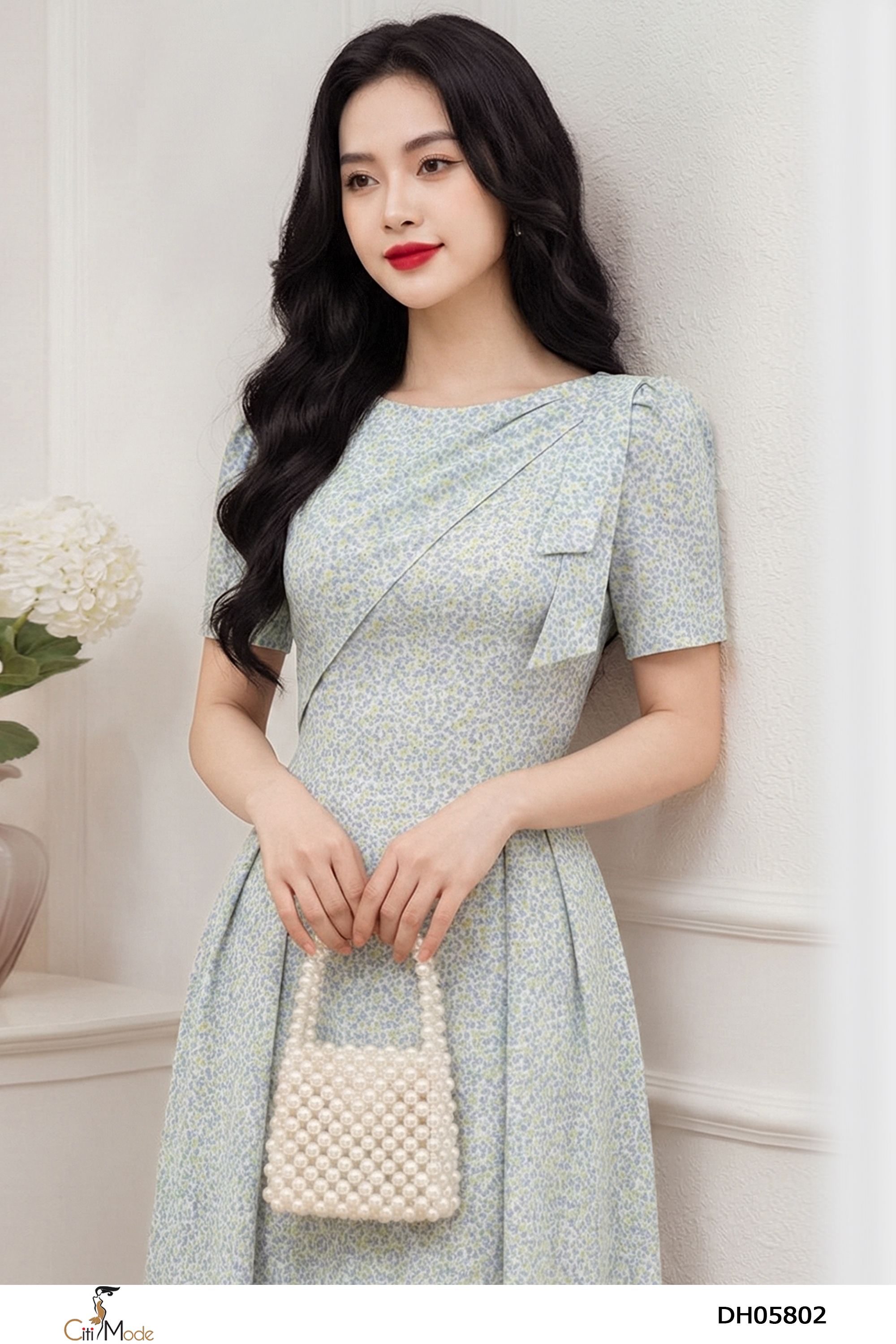 Đầm xòe hoa nhí xanh nhạt cổ vạt nơ vai cách điệu_thumbnail_2