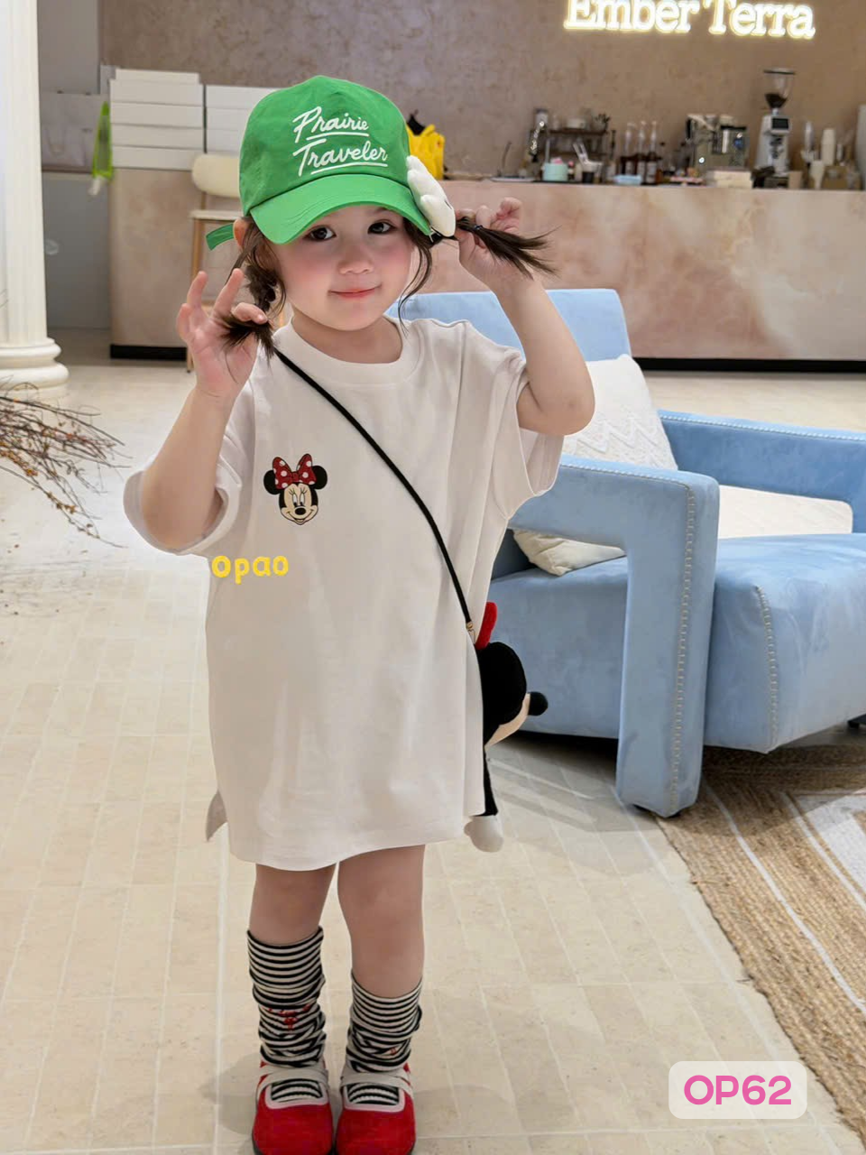 OP62 - Váy cotton form rộng in hình hãng Opao kèm túi mickey