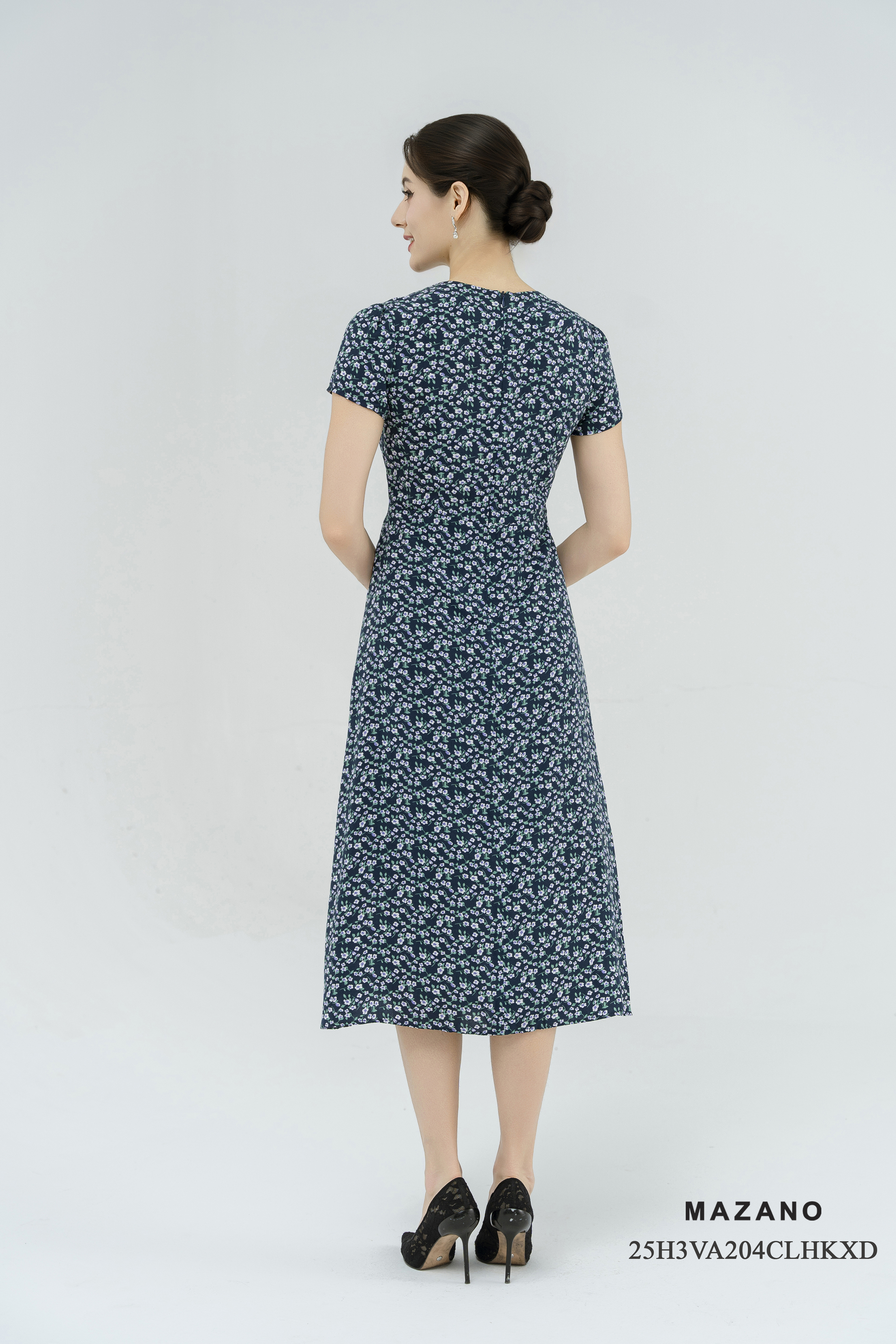 Váy Đầm eo cao thân ôm vừa nhún vai Cổ V tay ngắn Dài qua bắp chân_thumbnail_4