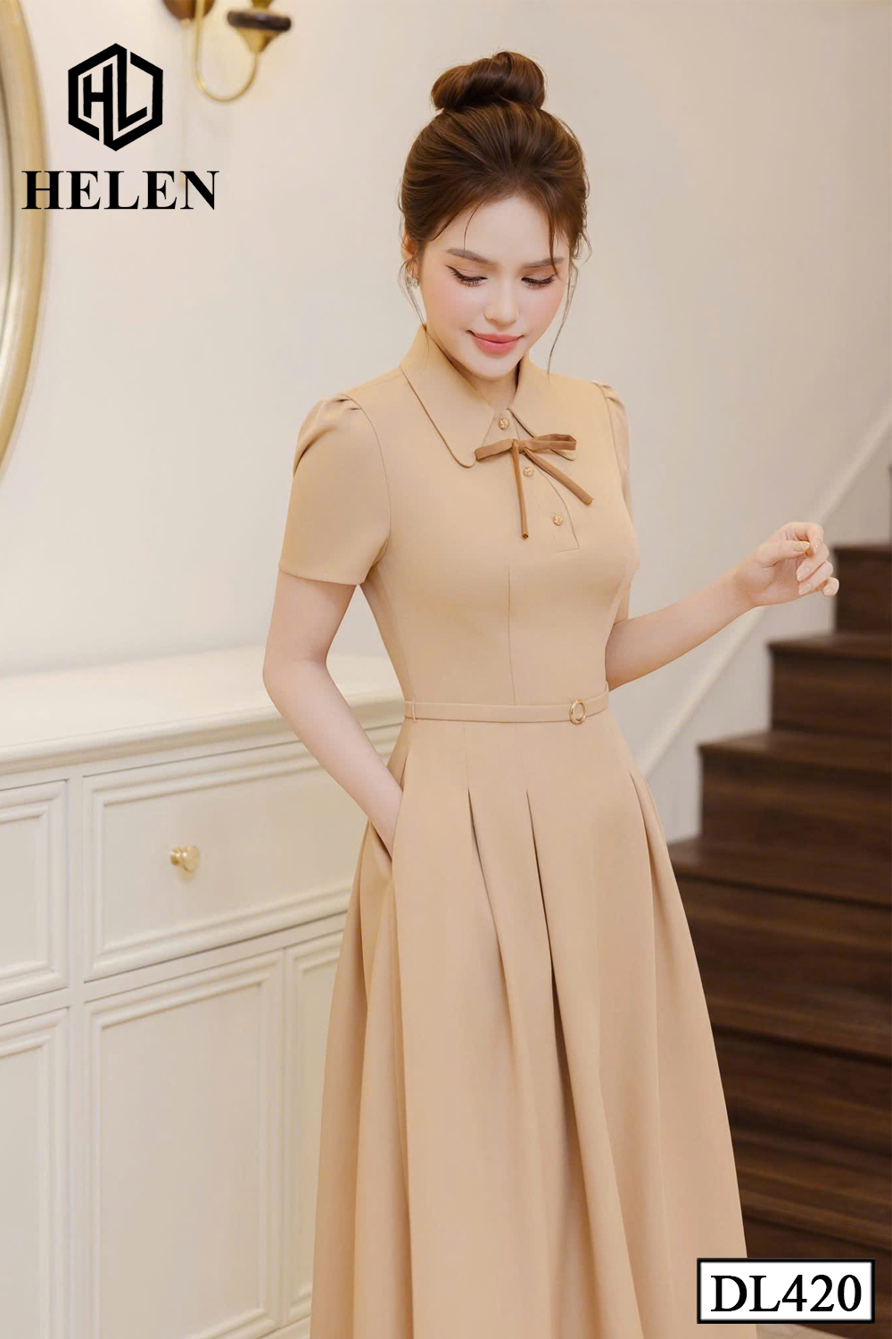 Đầm xòe nâu cổ đức đai eo DL420