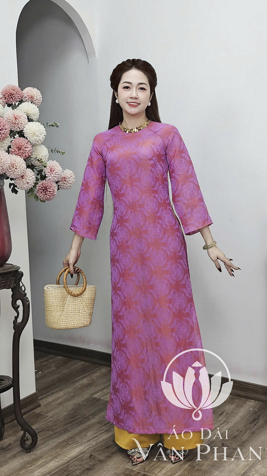 CT375 áo dài cách tân cổ khít tay loe tơ tằm tím_thumbnail_2