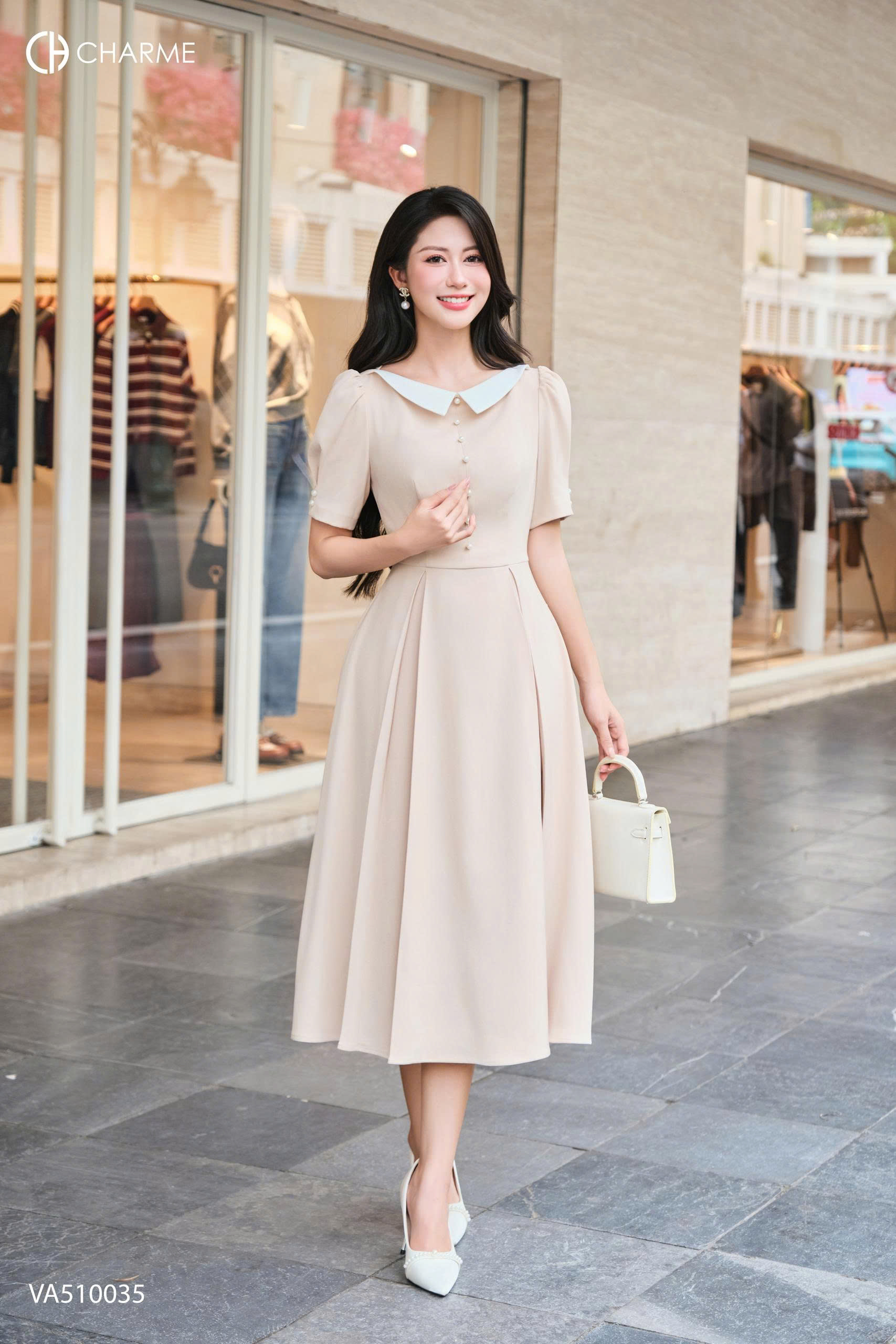 Váy cổ thuyền pha eo xếp li 2 bên