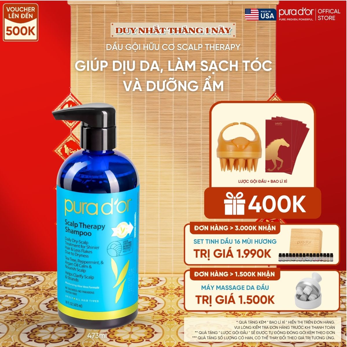 Dầu gội Pura D'or Scalp Therapy Giúp Dịu Da, Làm Sạch Tóc Và Dưỡng Ẩm 473ml