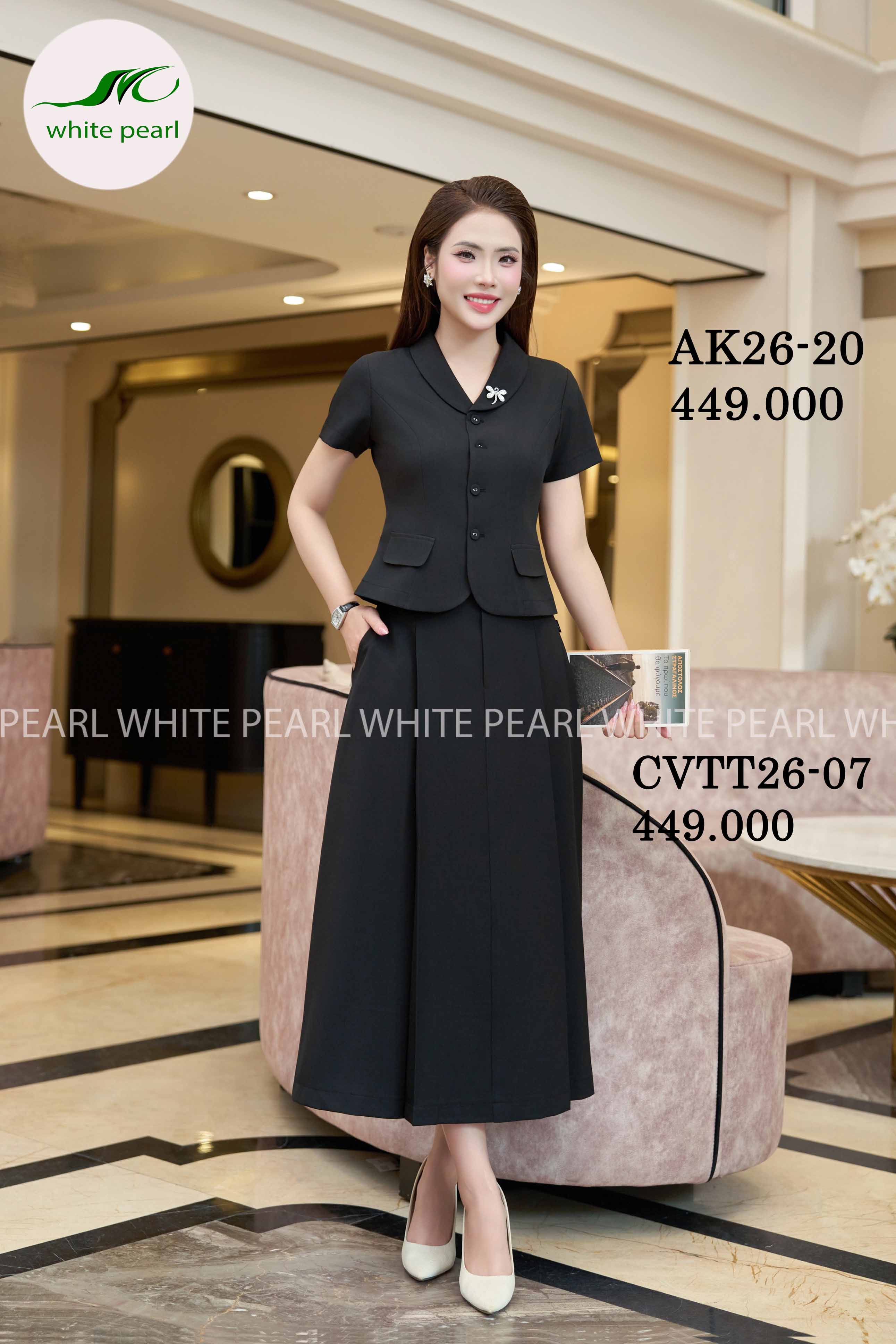  SET AK26-20 Áo ký giả cổ tròn kết hợp Chân váy thời trang CVTT26-07 Thời trang công sở cao cấp White Pearl