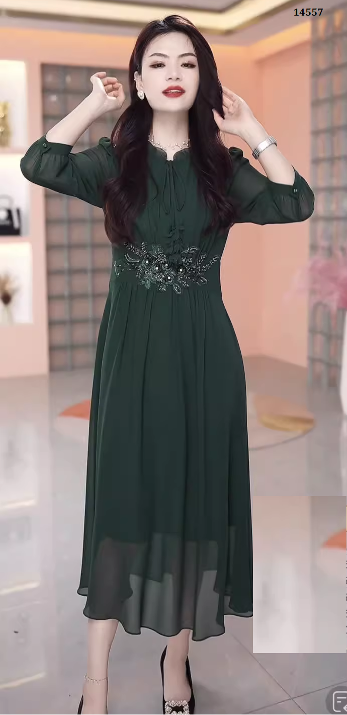 14557-Đầm xòe dự tiệc eo kết  hoa màu rêu ( chifon, lụa habutai)_thumbnail_1