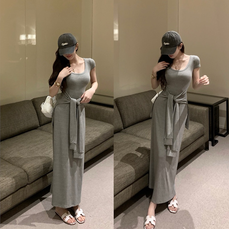 Đầm ôm body co dãn vạt rời thắt eo, váy body ngắn tay dáng dài chất thun cotton Logastore_L256_thumbnail_1