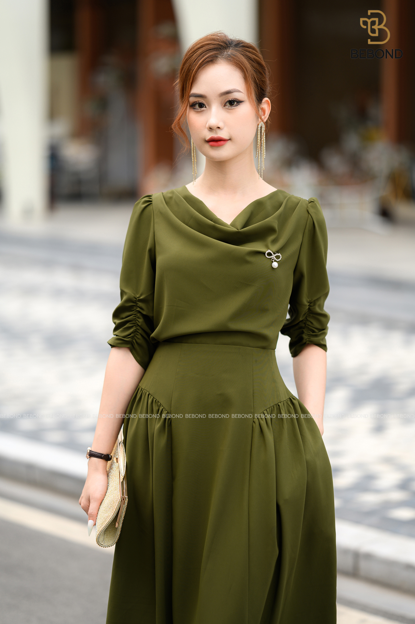 Áo lụa nhật cổ đổ màu XANH RÊU- CONAL DRESS